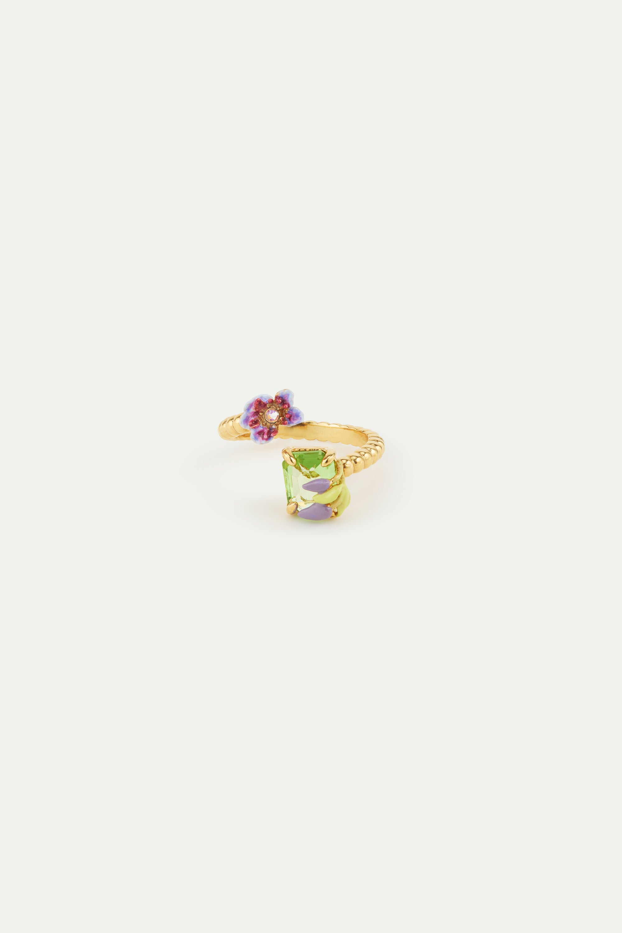 Anillo ajustable clemátide violeta y cristal talla esmeralda verde