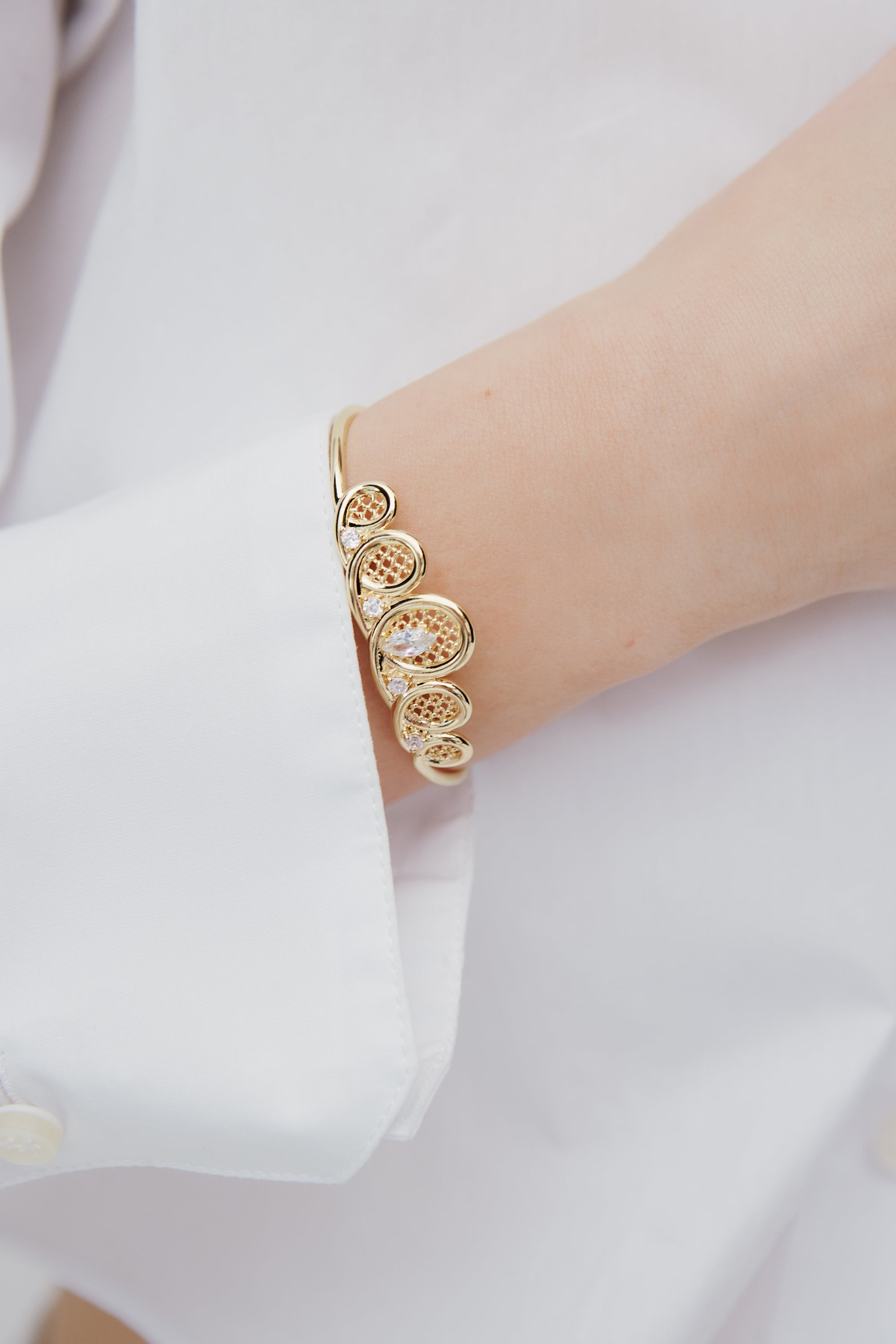 Golden filigree tiara cuff bracelet with crystals