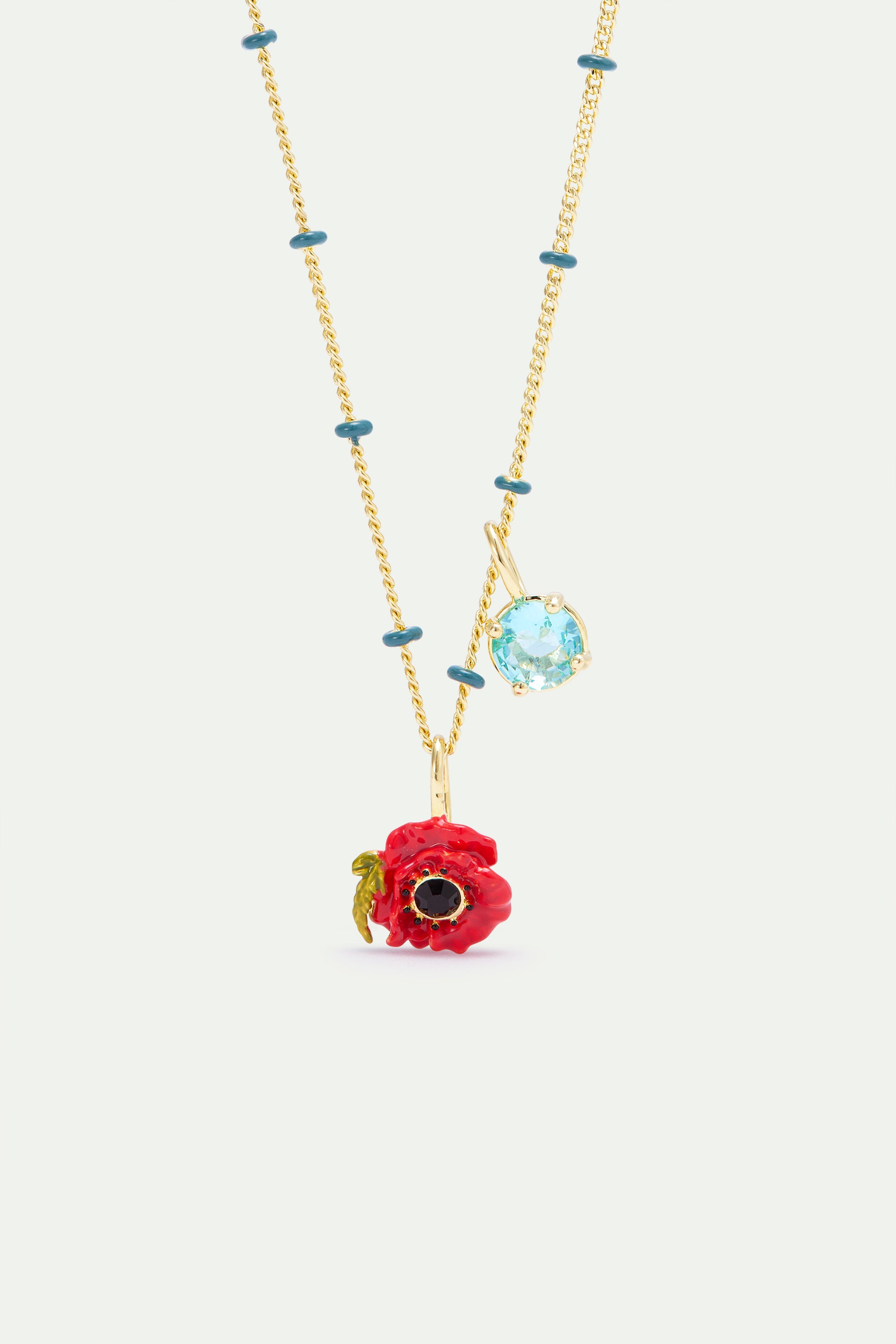 Collier pendentif coquelicot rouge et pierre ronde bleue