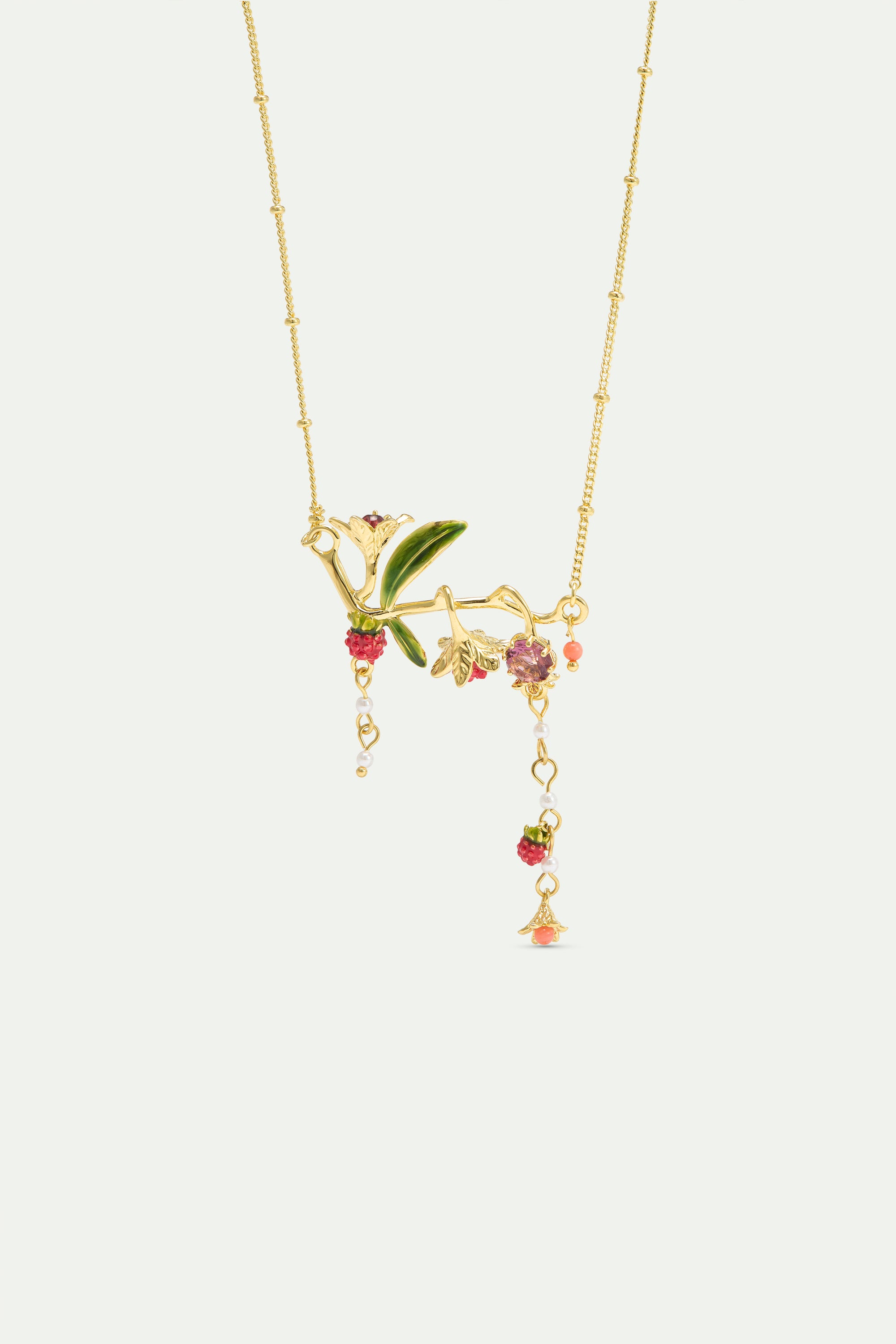 Collier plastron fleurs, framboises, pierre rose et perles