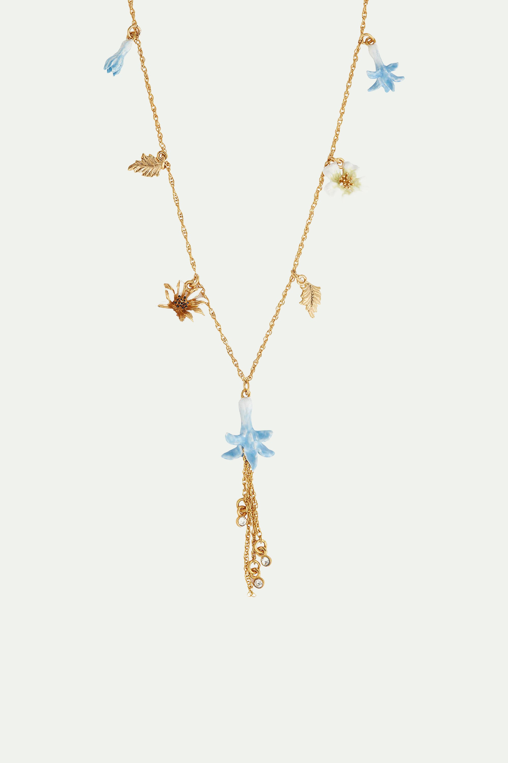 Collier pendentif fleurs blanches, dorées et bleues