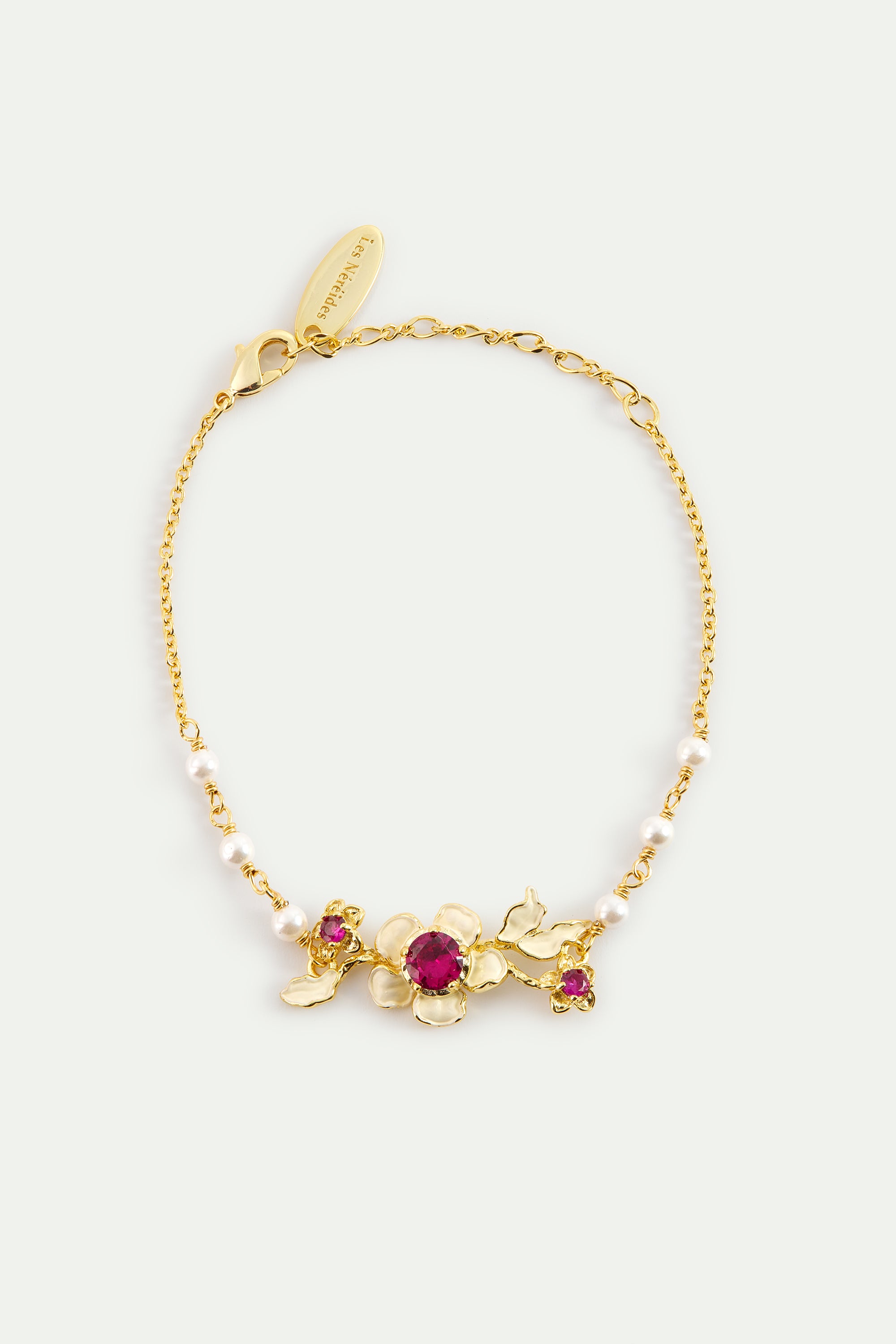 Bracelet anémones dorées, cristaux roses et perles de culture
