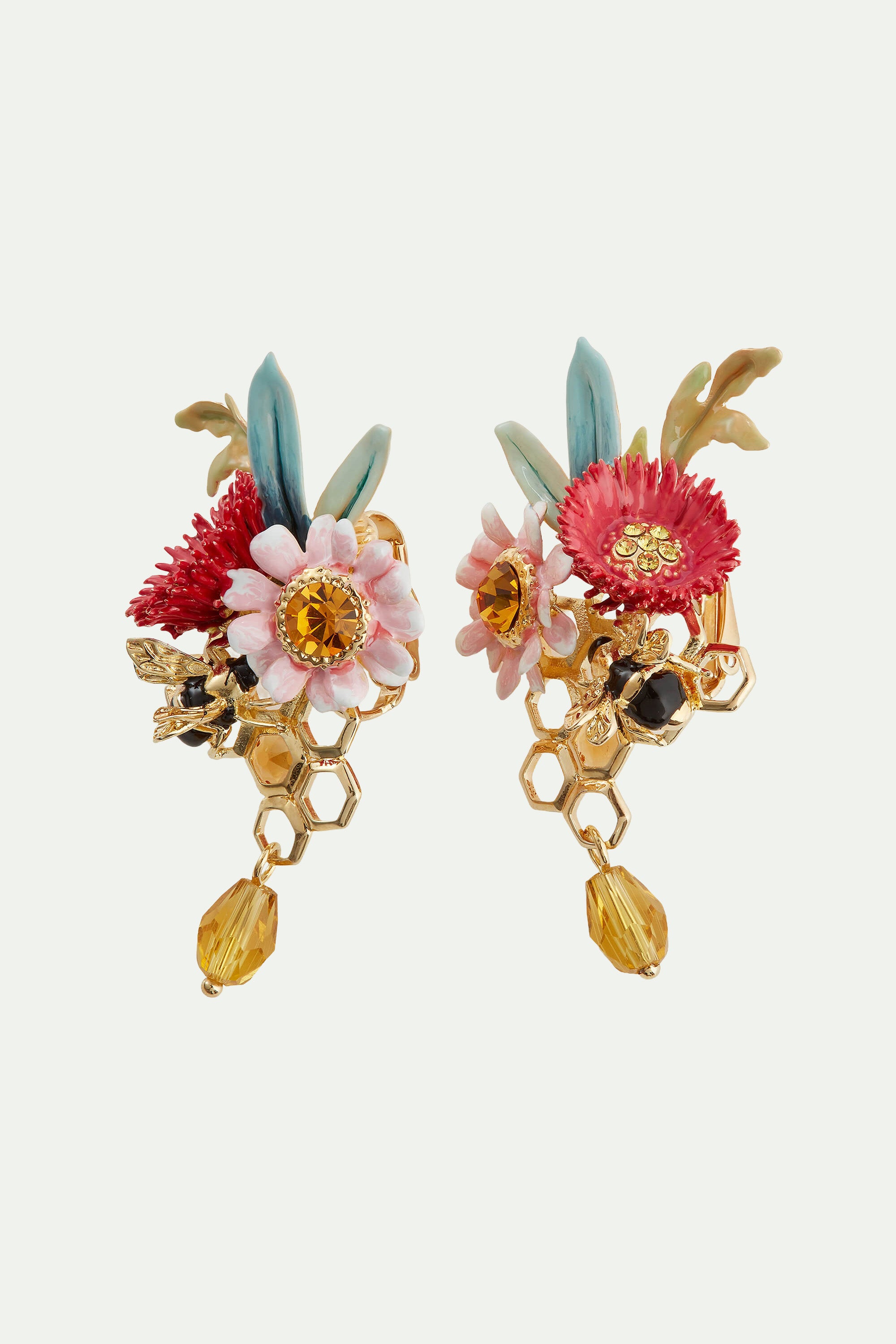 Boucles d'oreilles clips fleurs multicolores et alvéoles de miel