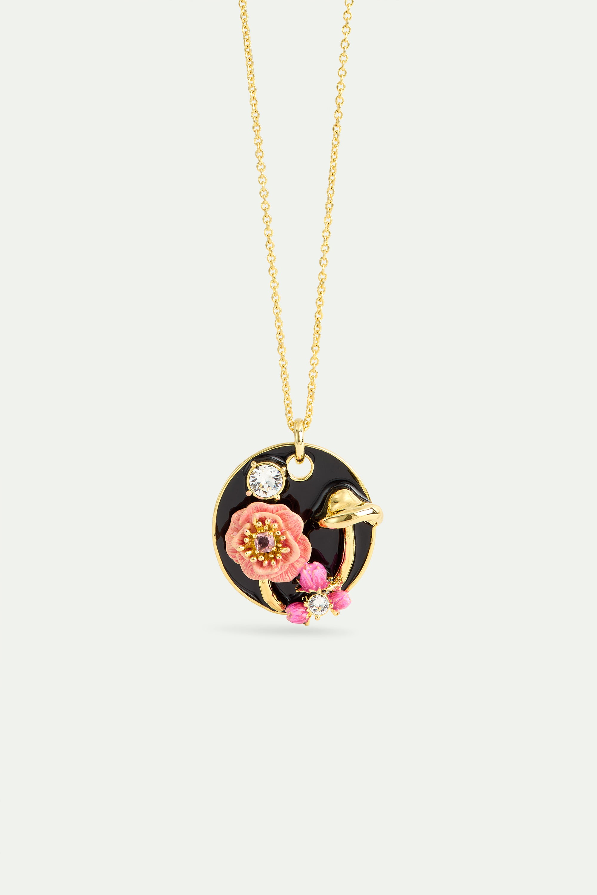 Black medallion pendant necklace with mushroom, anemone and crystals