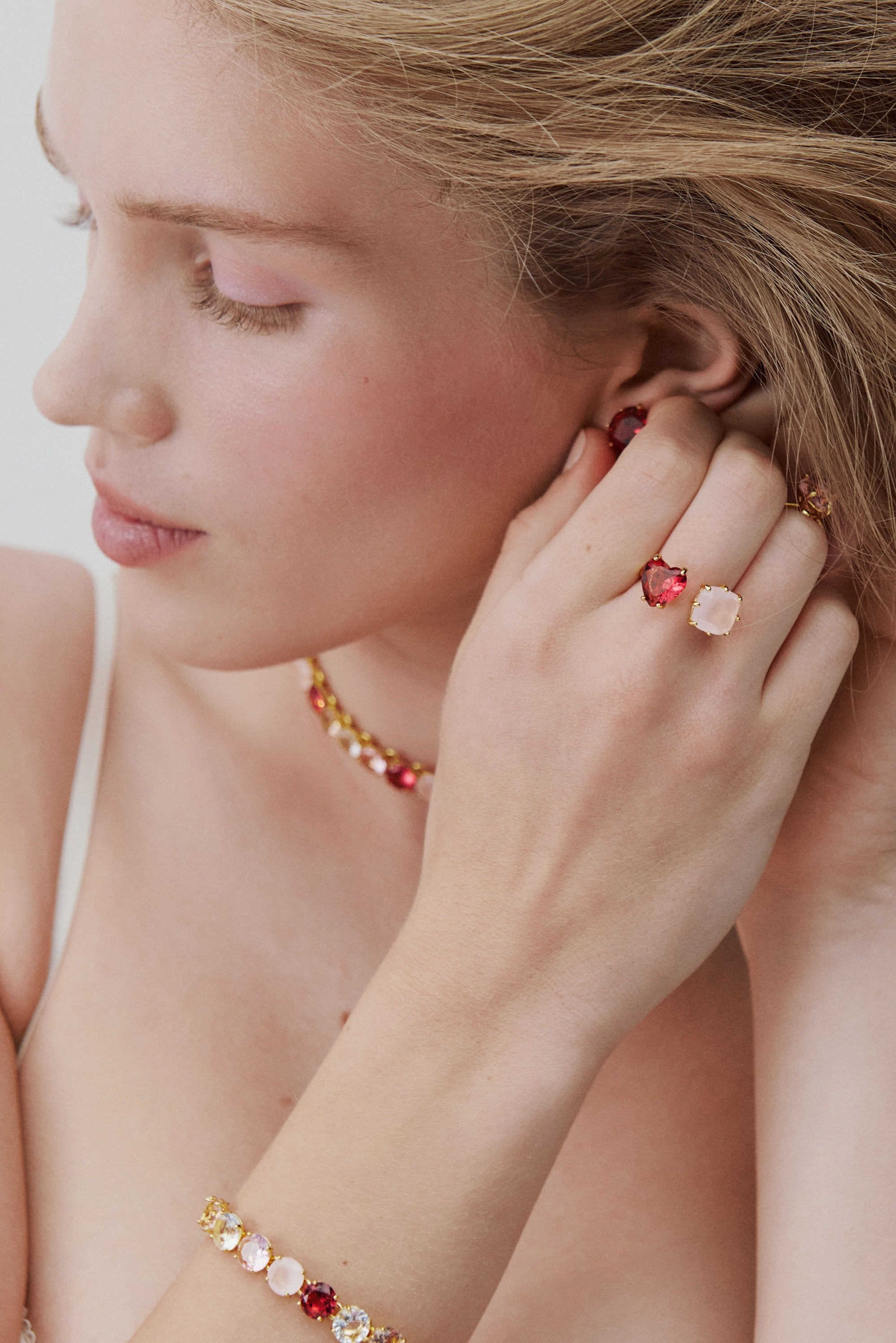 Bague ajustable toi et moi pierres cœur et carrée La Diamantine Rosa Centifolia