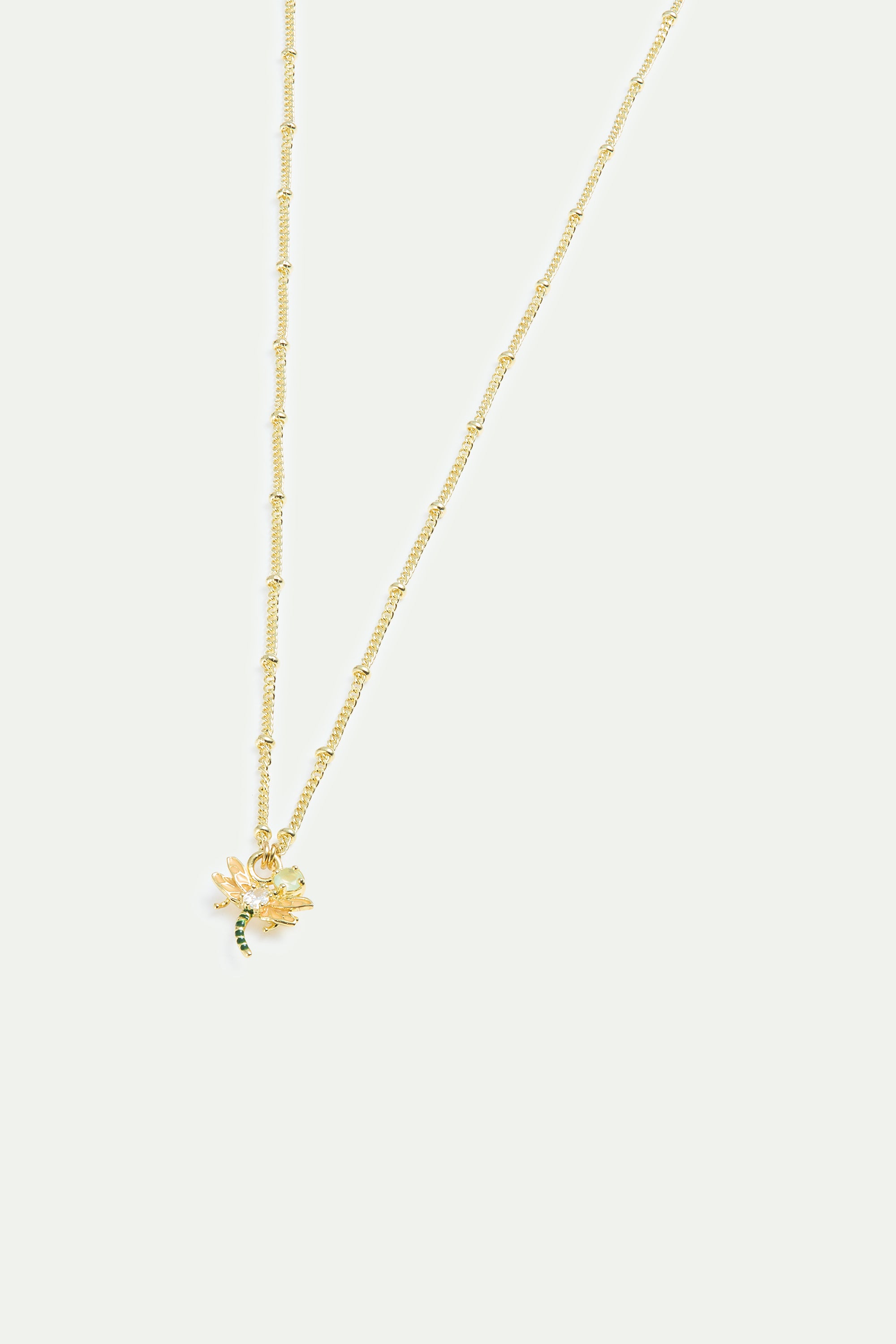 Collier pendentif libellule, hellébore rose et verre facetté vert