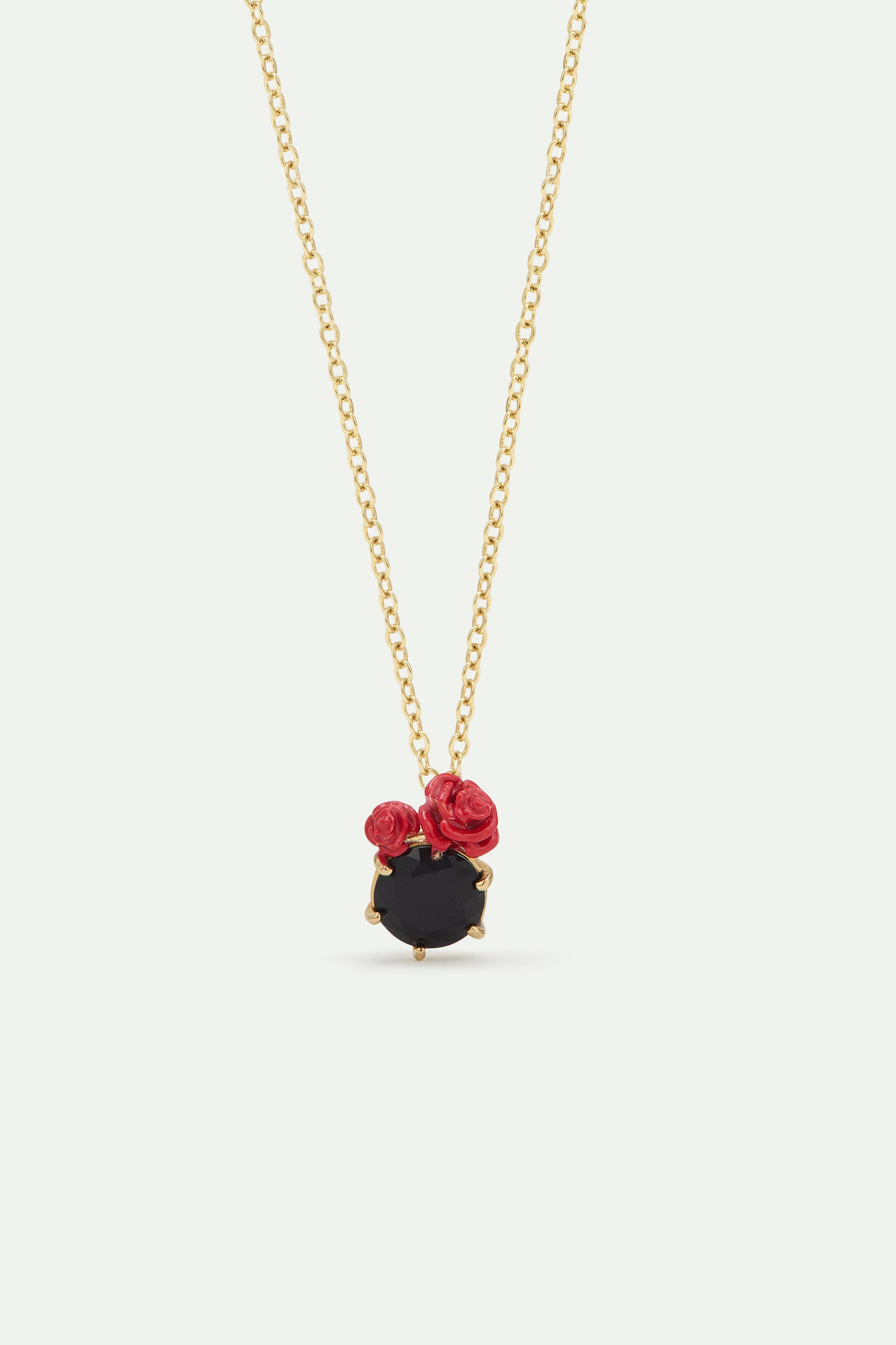 Collier pendentif pierre ronde facettée noire et roses rouges