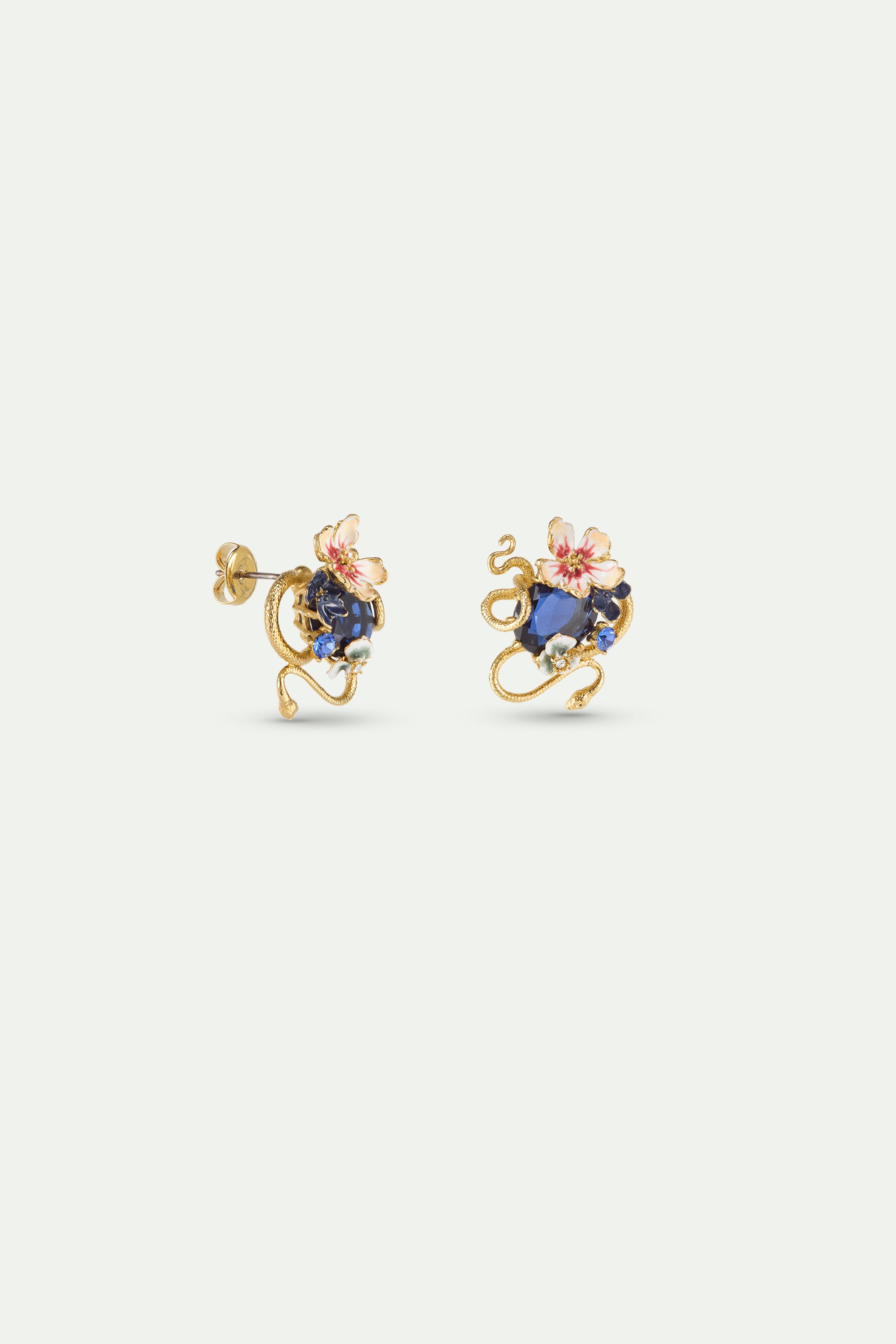 Earrings with blue faceted stone, gold snake and mallow flowers