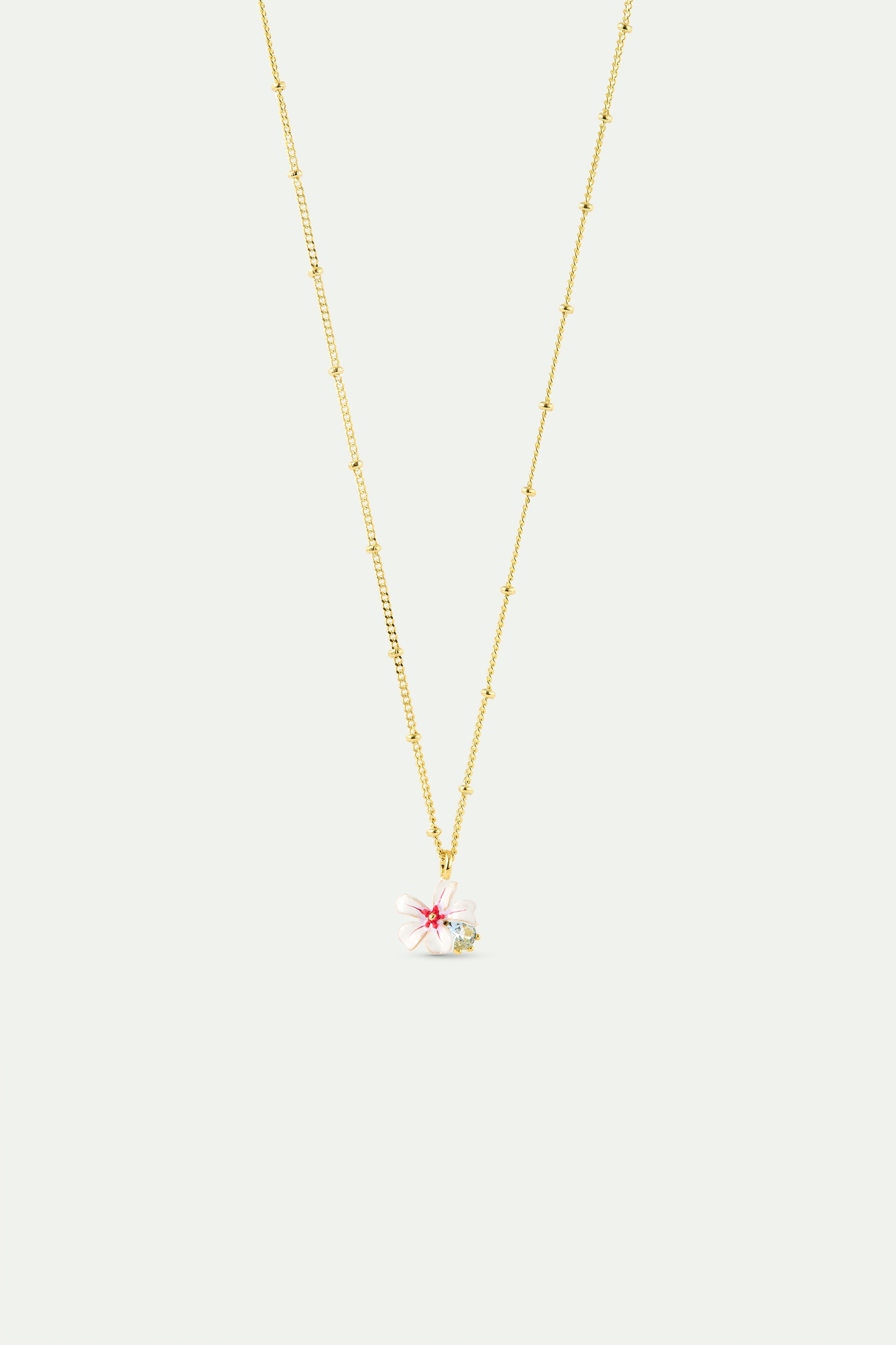 Collier pendentif aubépine blanche et rose et cristal bleu
