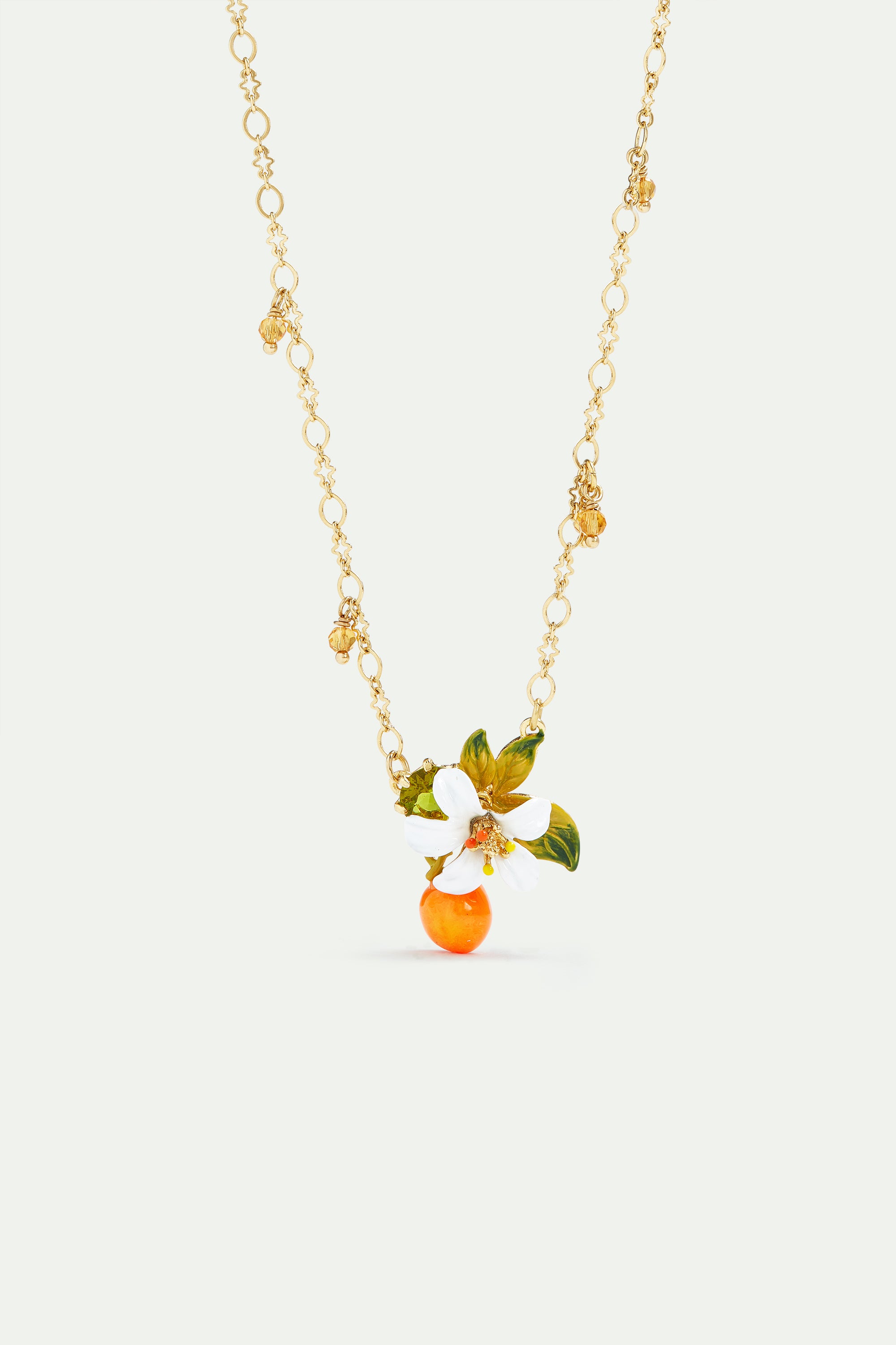 Collier pendentif orange, fleur d'oranger et petites perles