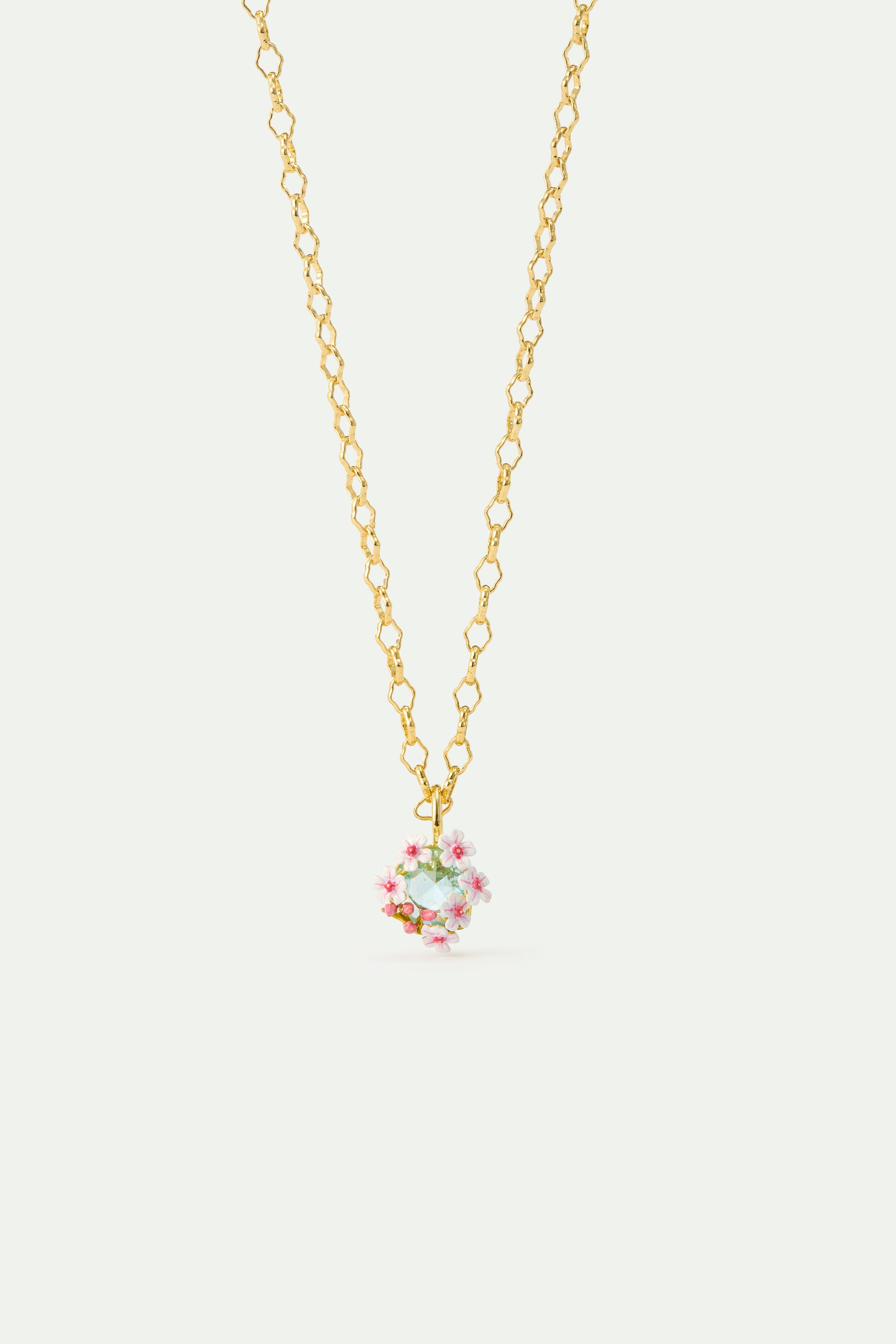 Collier pendentif pierre ronde facettée bleue et aubépines blanches et roses