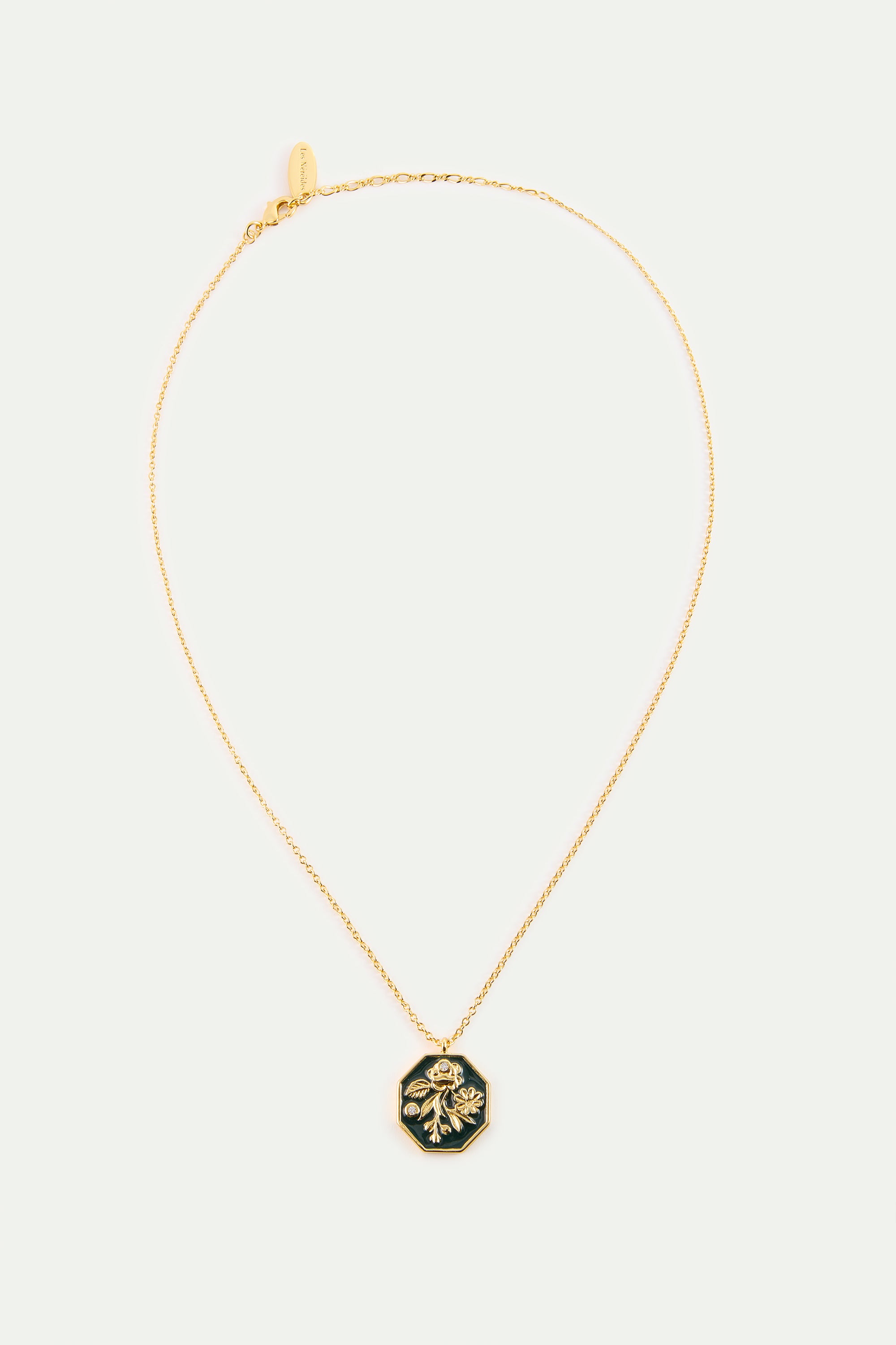 Collier pendentif médaillon vert fleur d'anémone