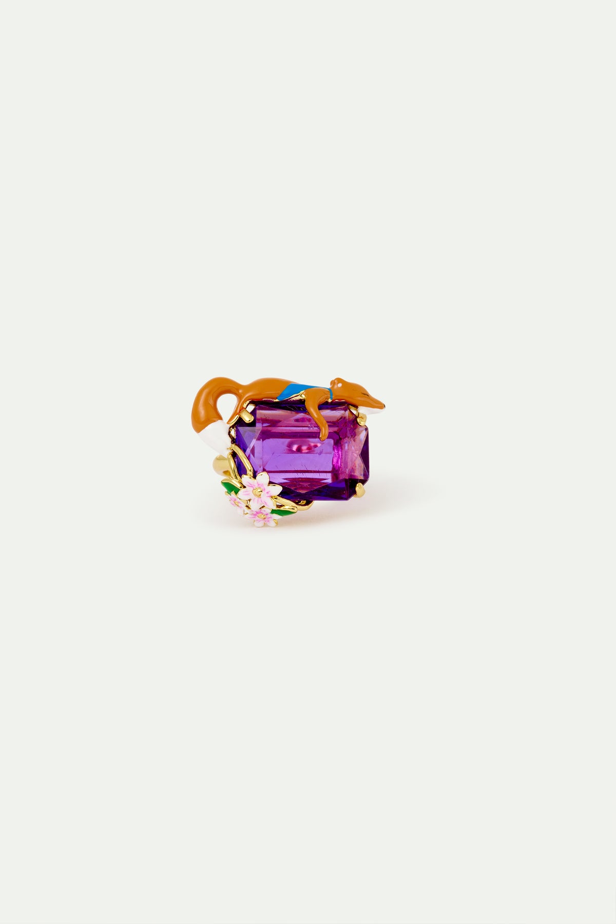 Purple rectangular stone, fox and flower pendant ring