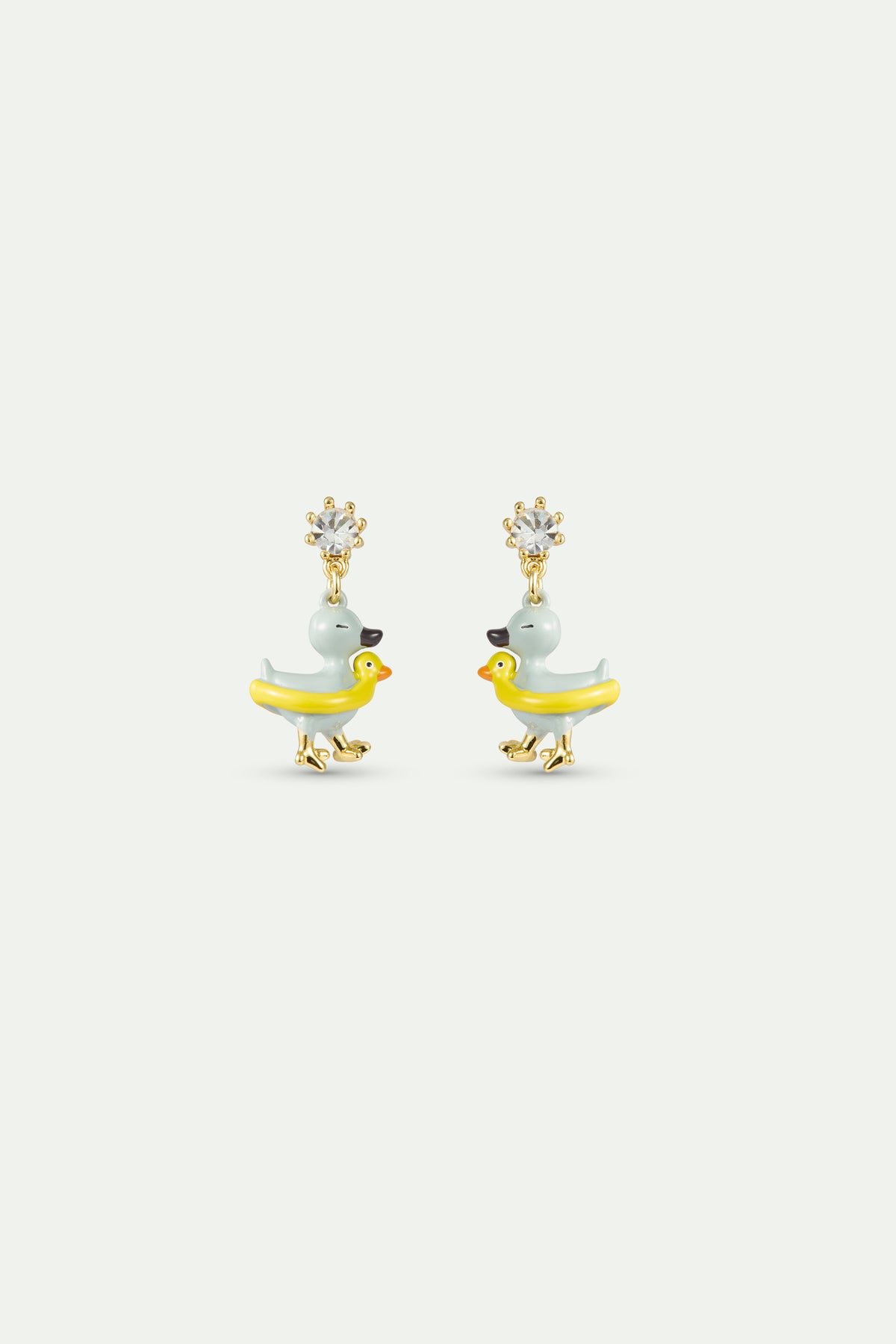 Boucles d'oreilles asymétriques Petit Canard jaune et bleu, cristal facetté