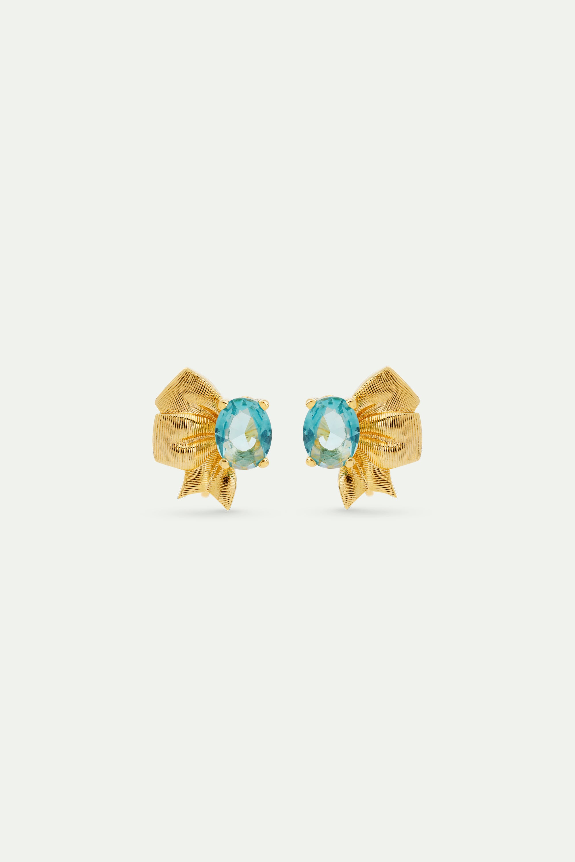 Gold ribbon and blue cut stone earrings