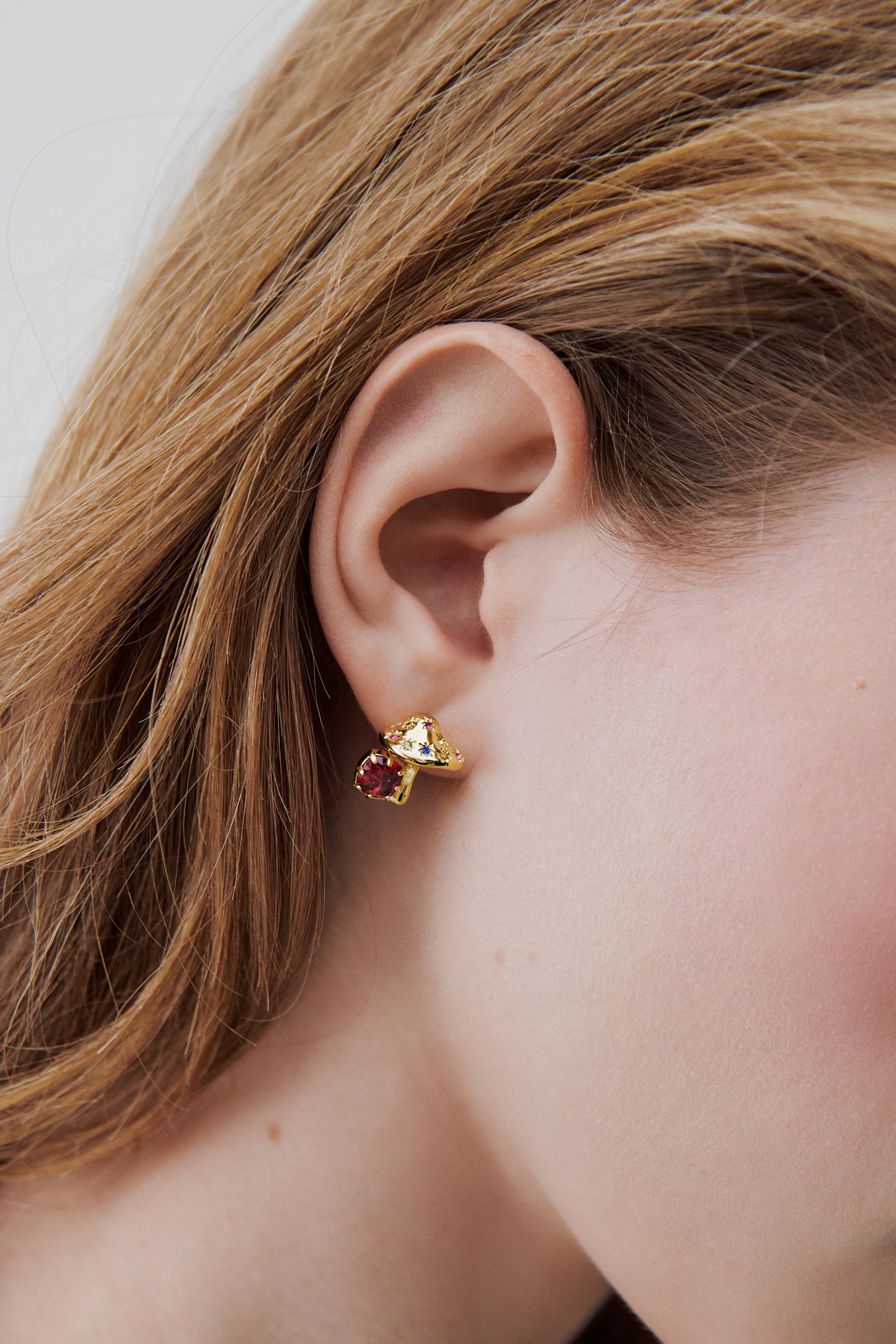 Gold mushroom and pink faceted stone earrings