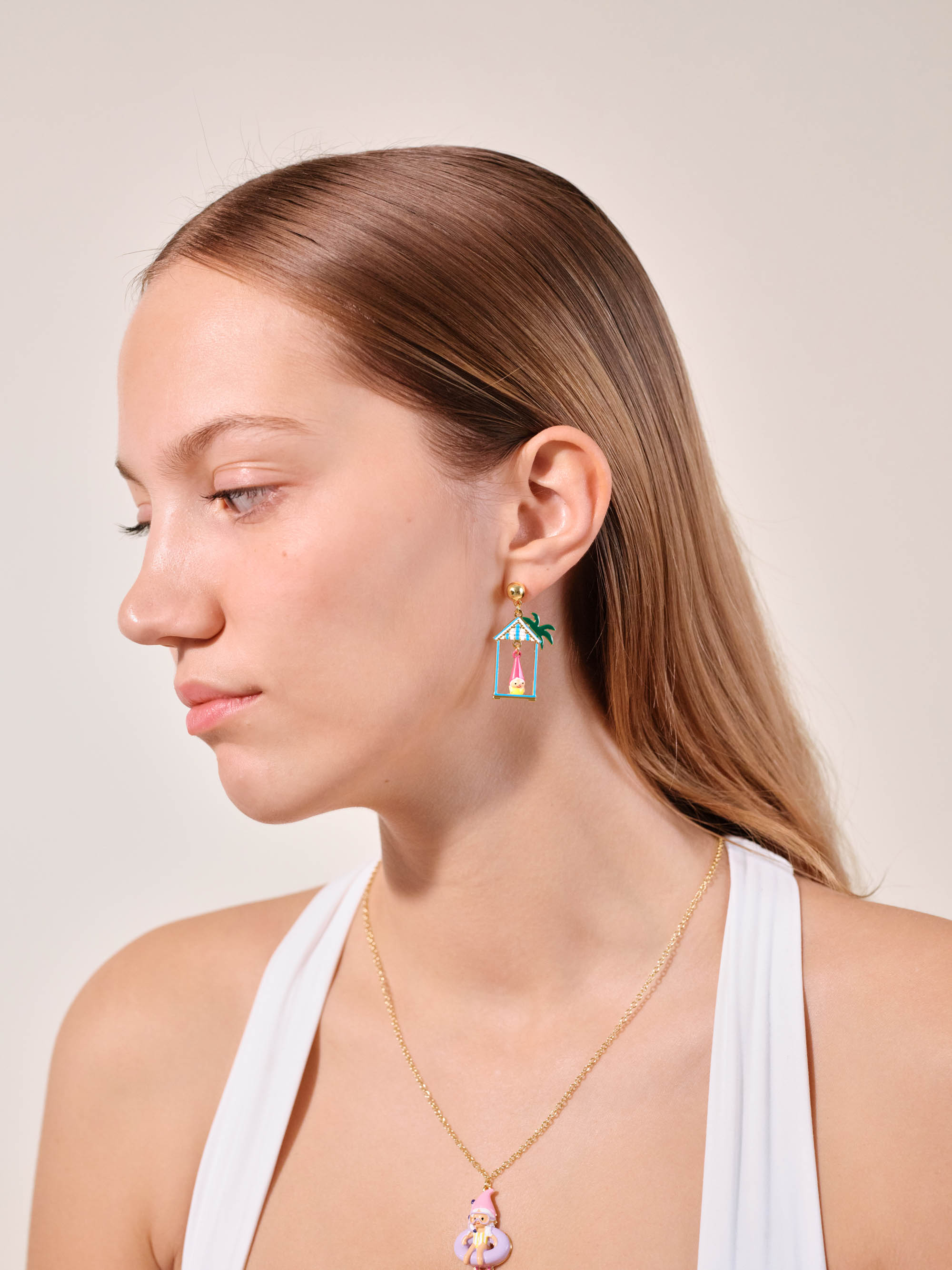 Toadstool family couple and beach hut asymmetrical earrings