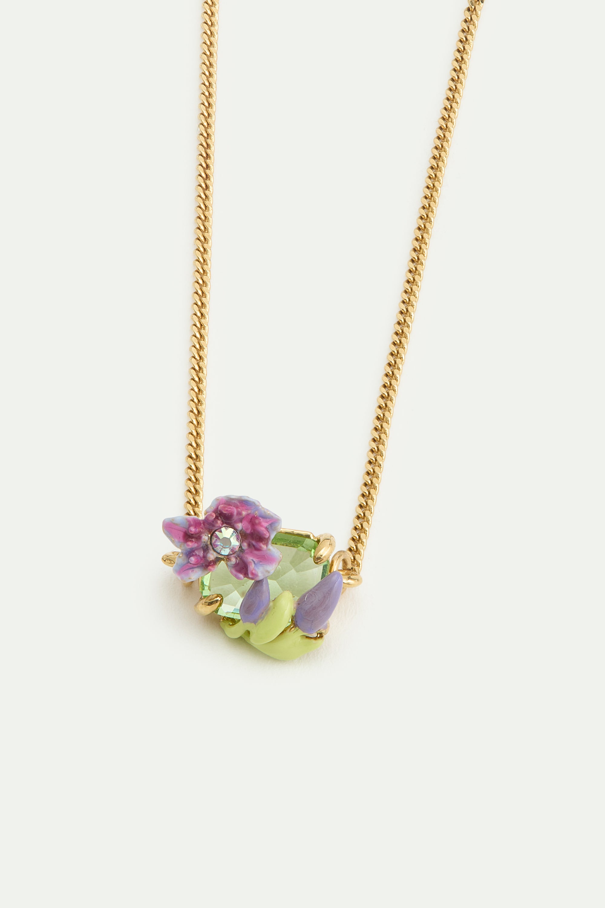 Purple clematis and green emerald-cut crystal pendant bracelet