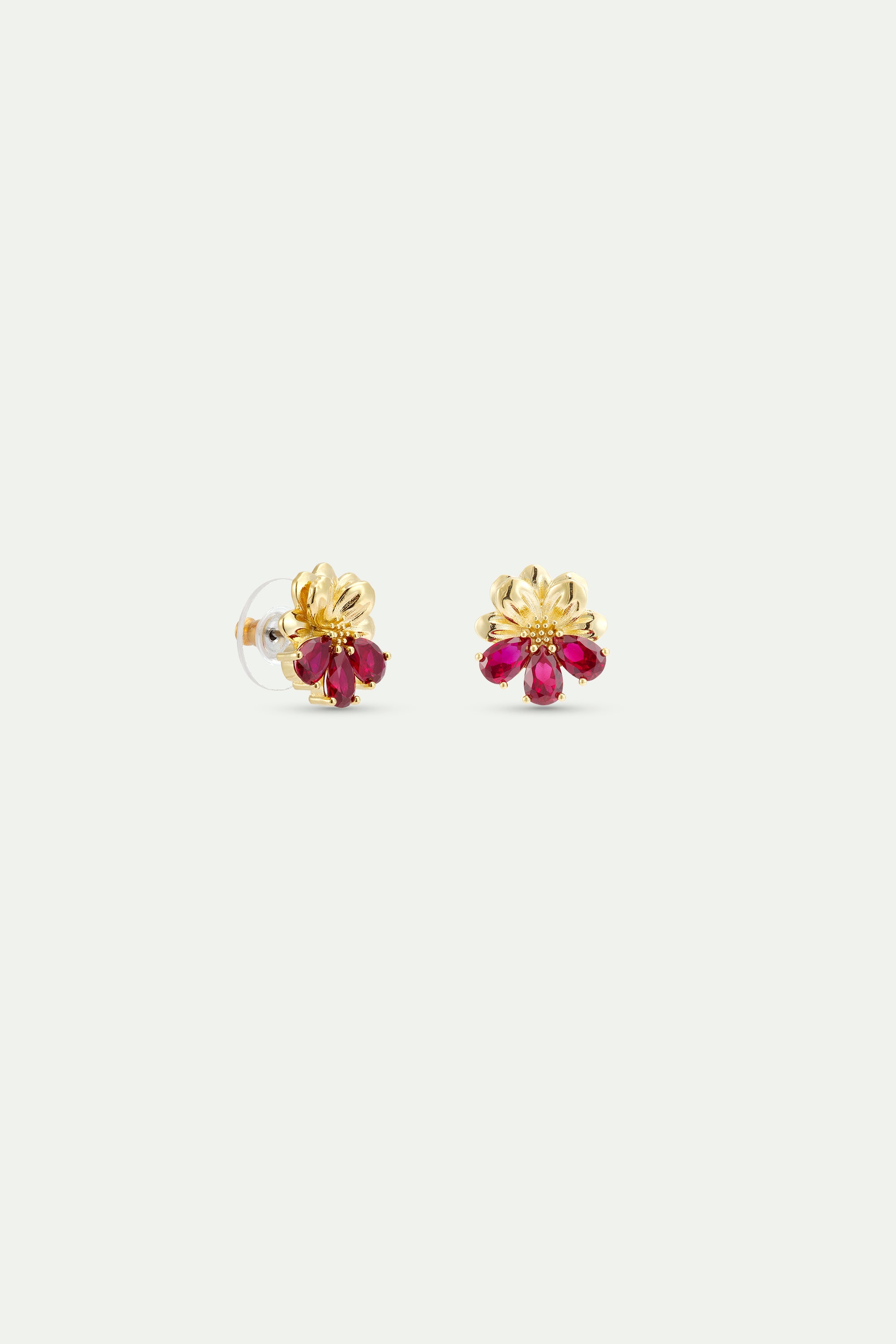 Gold clip-on earrings with cosmos and red stones