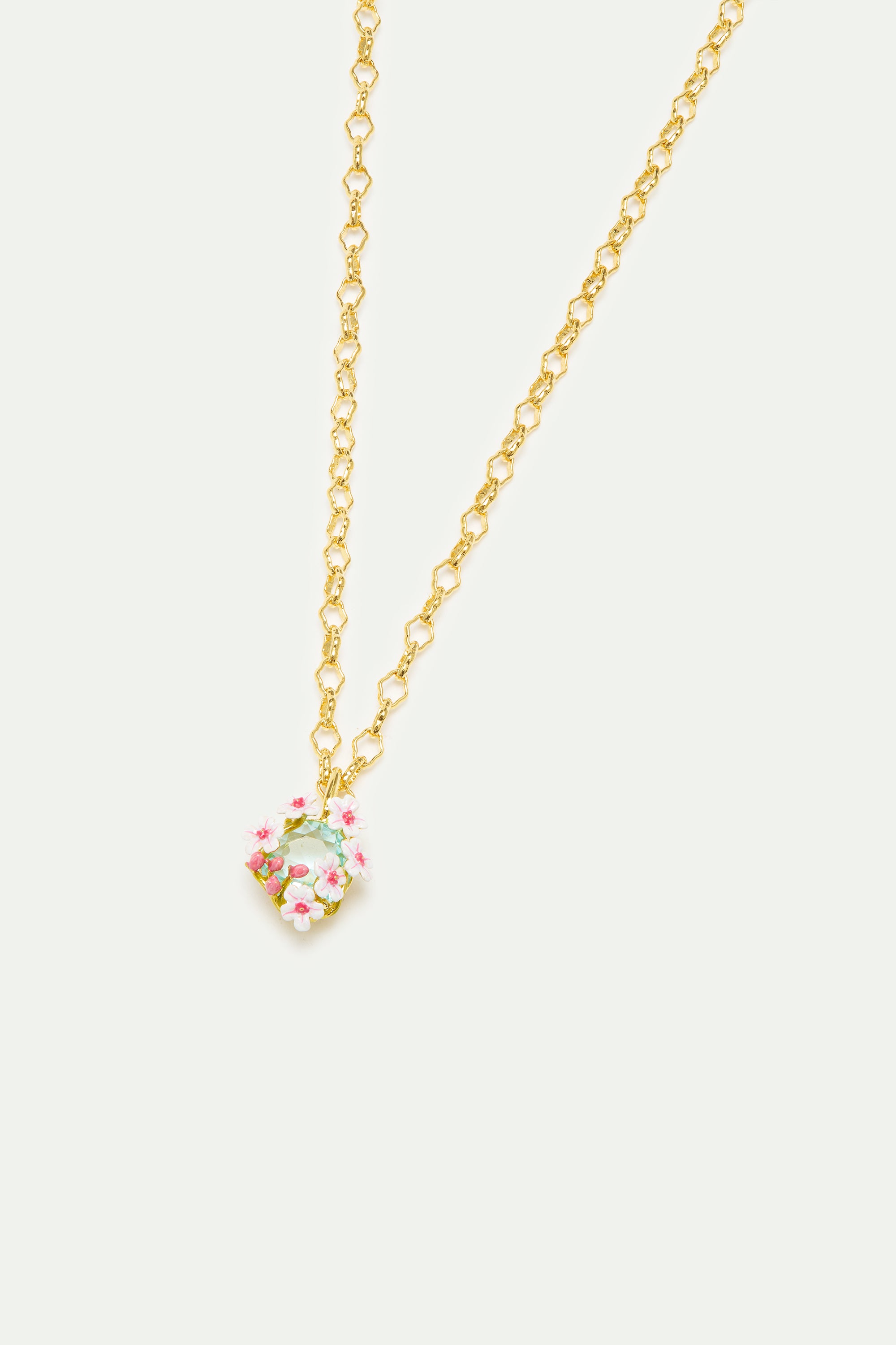 Collier pendentif pierre ronde facettée bleue et aubépines blanches et roses