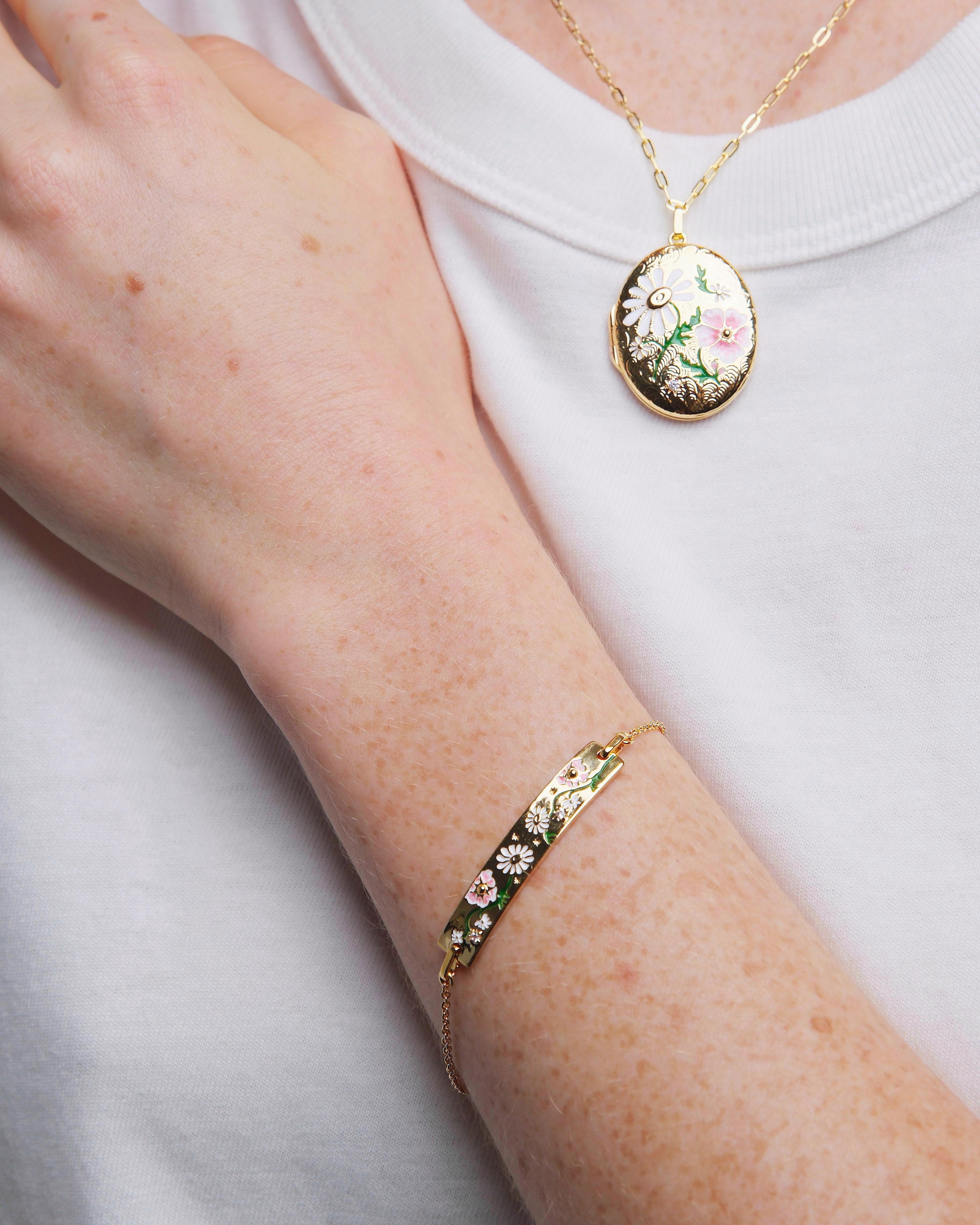 Bracelet gourmette fleurs de marguerites et de pensées