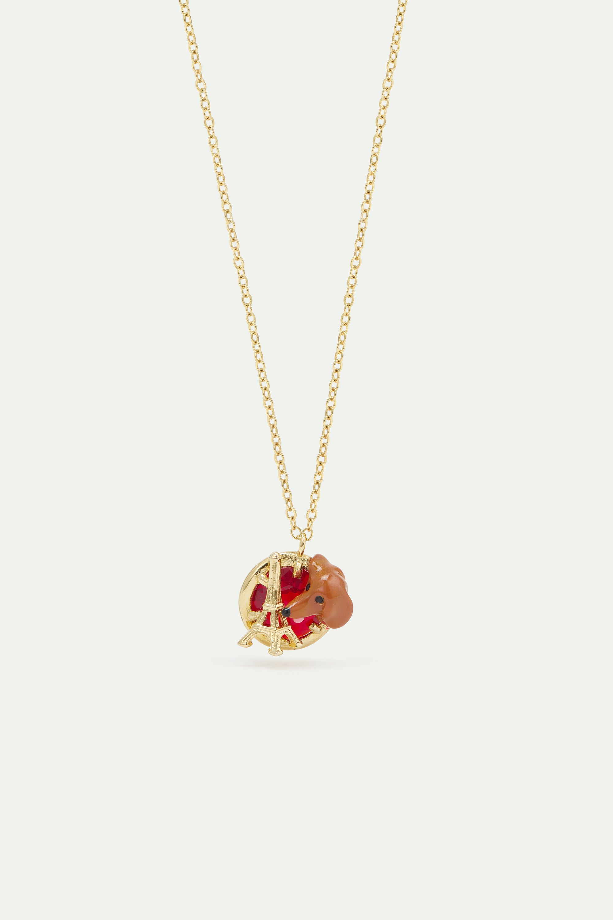 Collier pendentif teckel, tour Eiffel, pierre ronde rouge