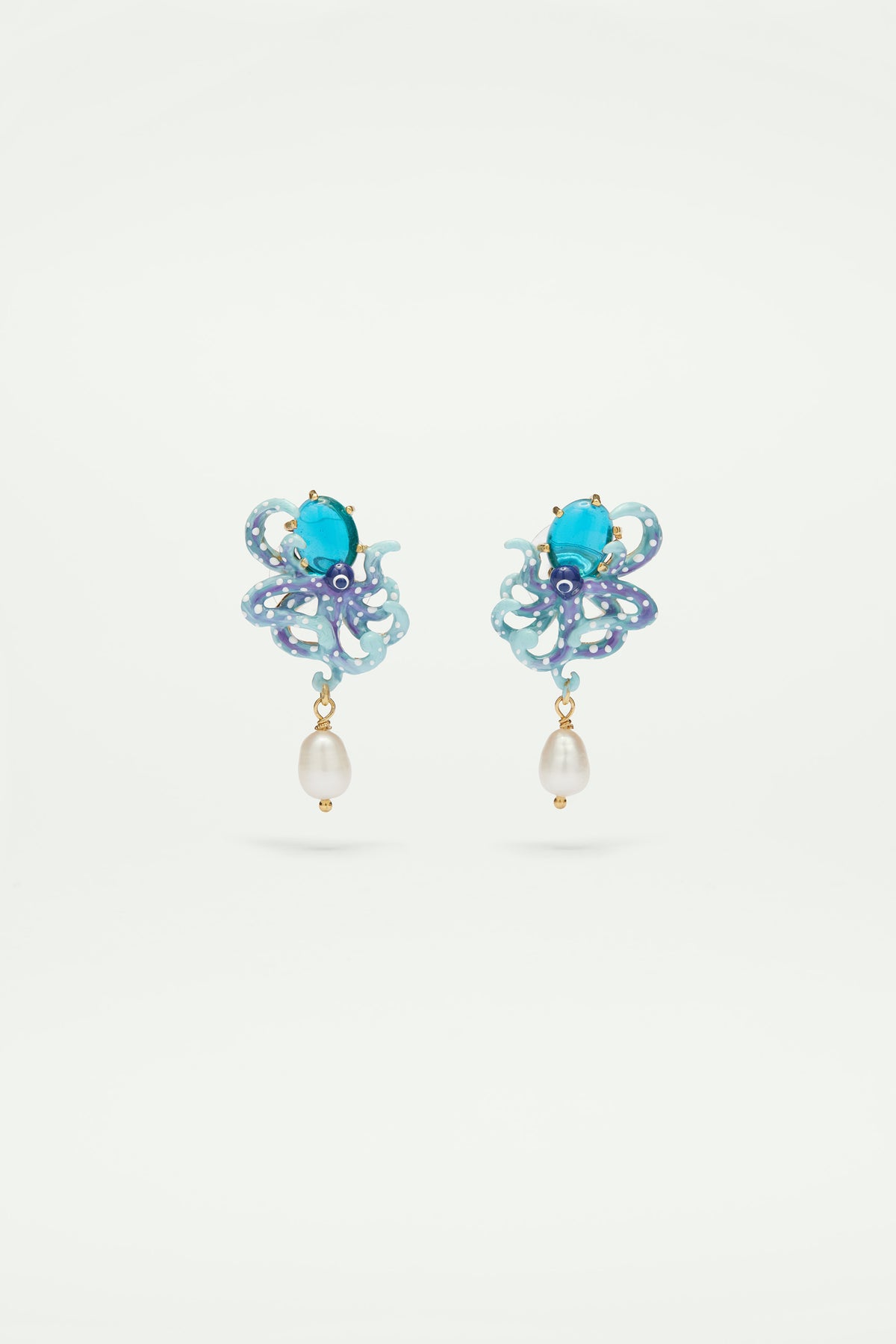 Boucles d'oreilles tiges pieuvre, pierre en verre taillé bleu et perle nacrée