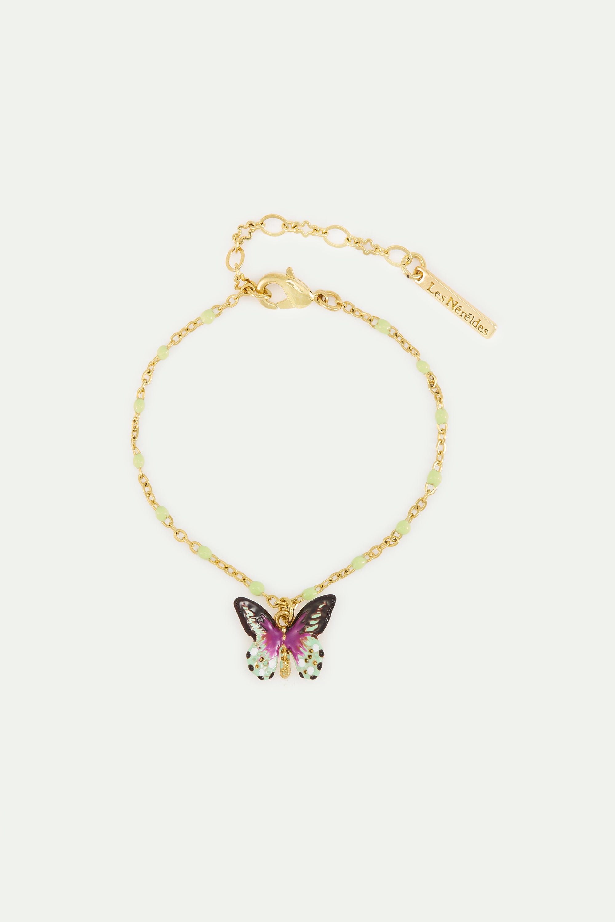 Pulsera fina mariposa verde y violeta