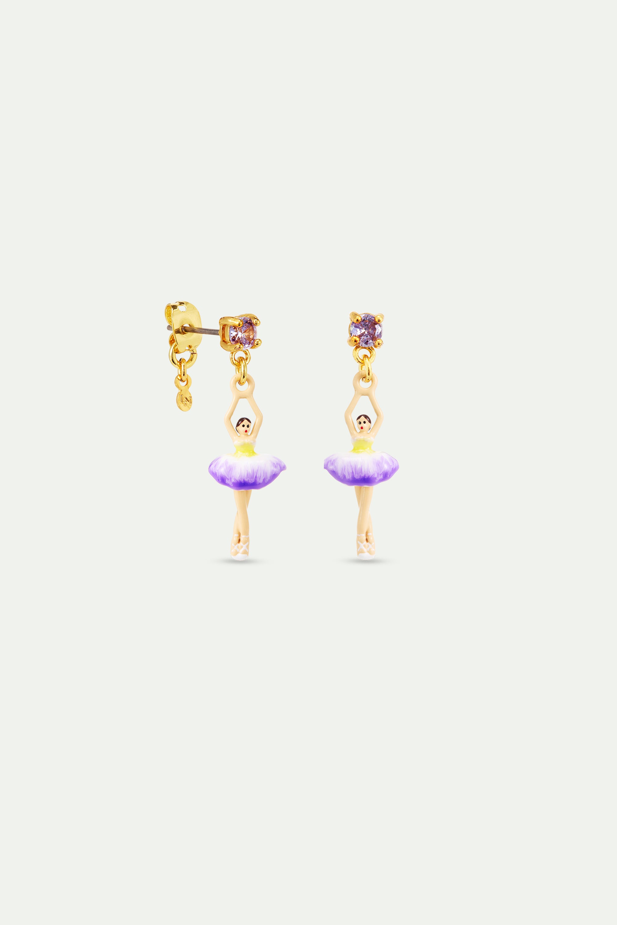 Boucles d'oreilles ballerine tutu violet et jaune et cristal violet