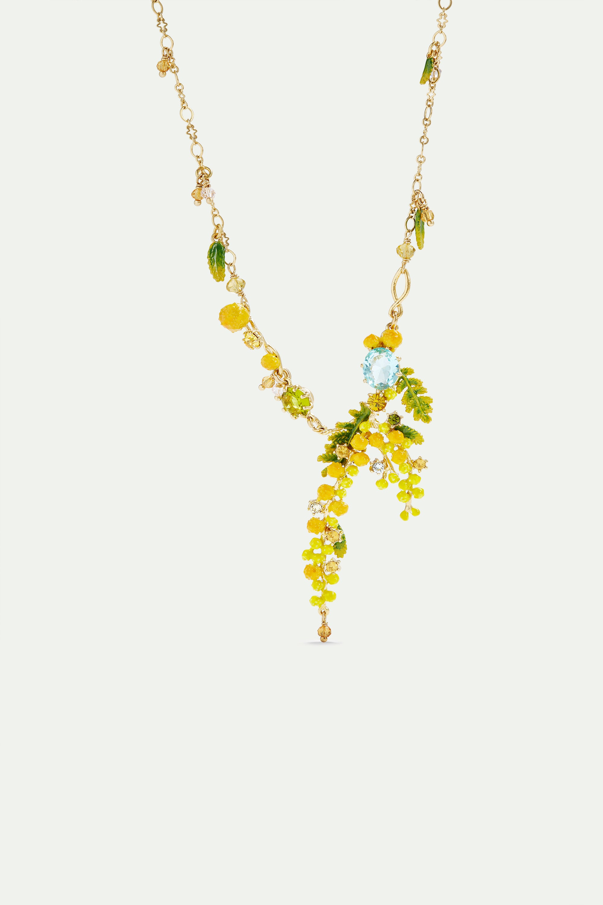 Collier plastron branches de mimosa, fougères et petites feuilles