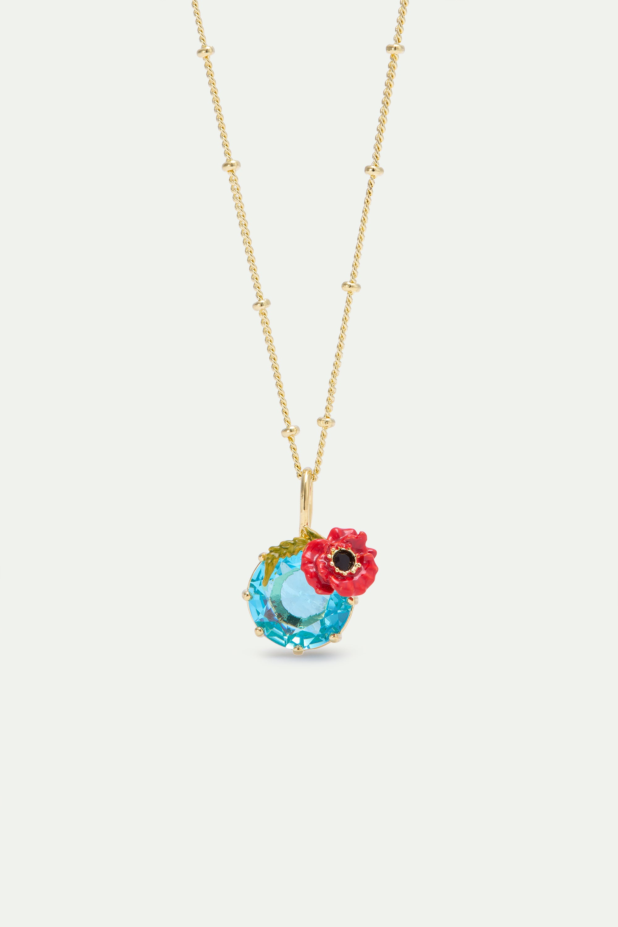 Collier pendentif pierre ronde bleue et coquelicot