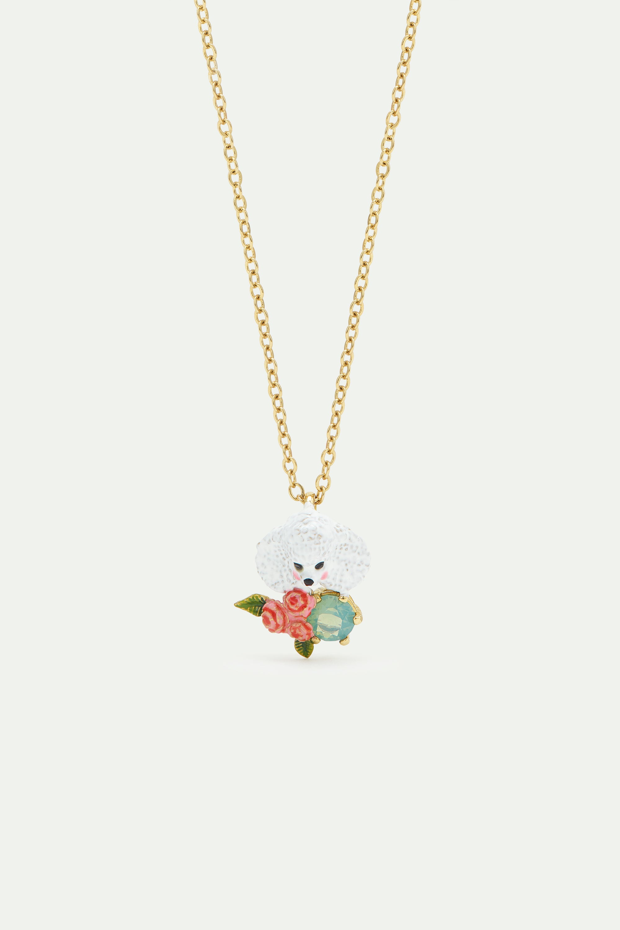 Collier pendentif caniche, fleurs roses et pierre bleue
