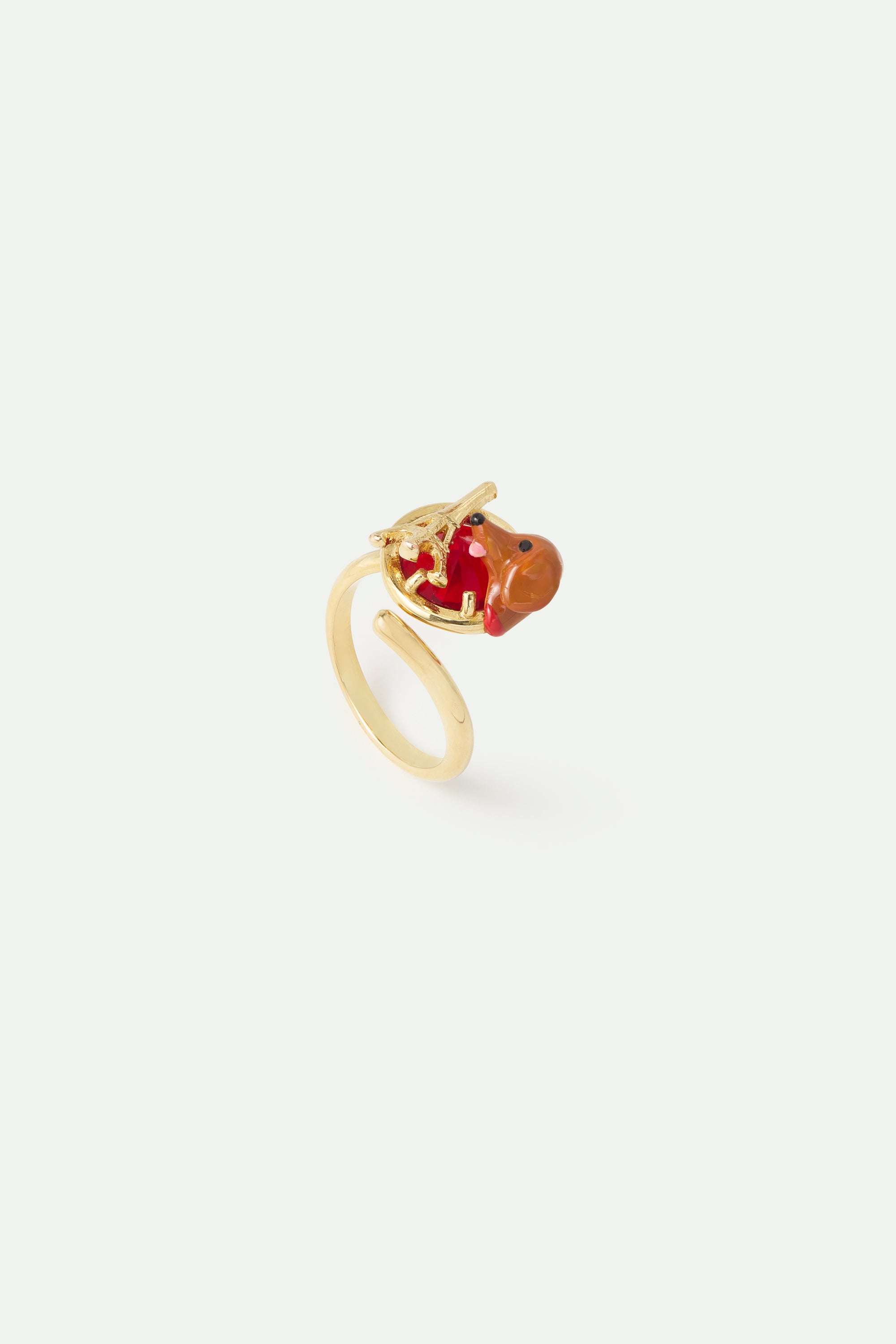 Bague ajustable teckel, tour Eiffel, pierre ronde rouge