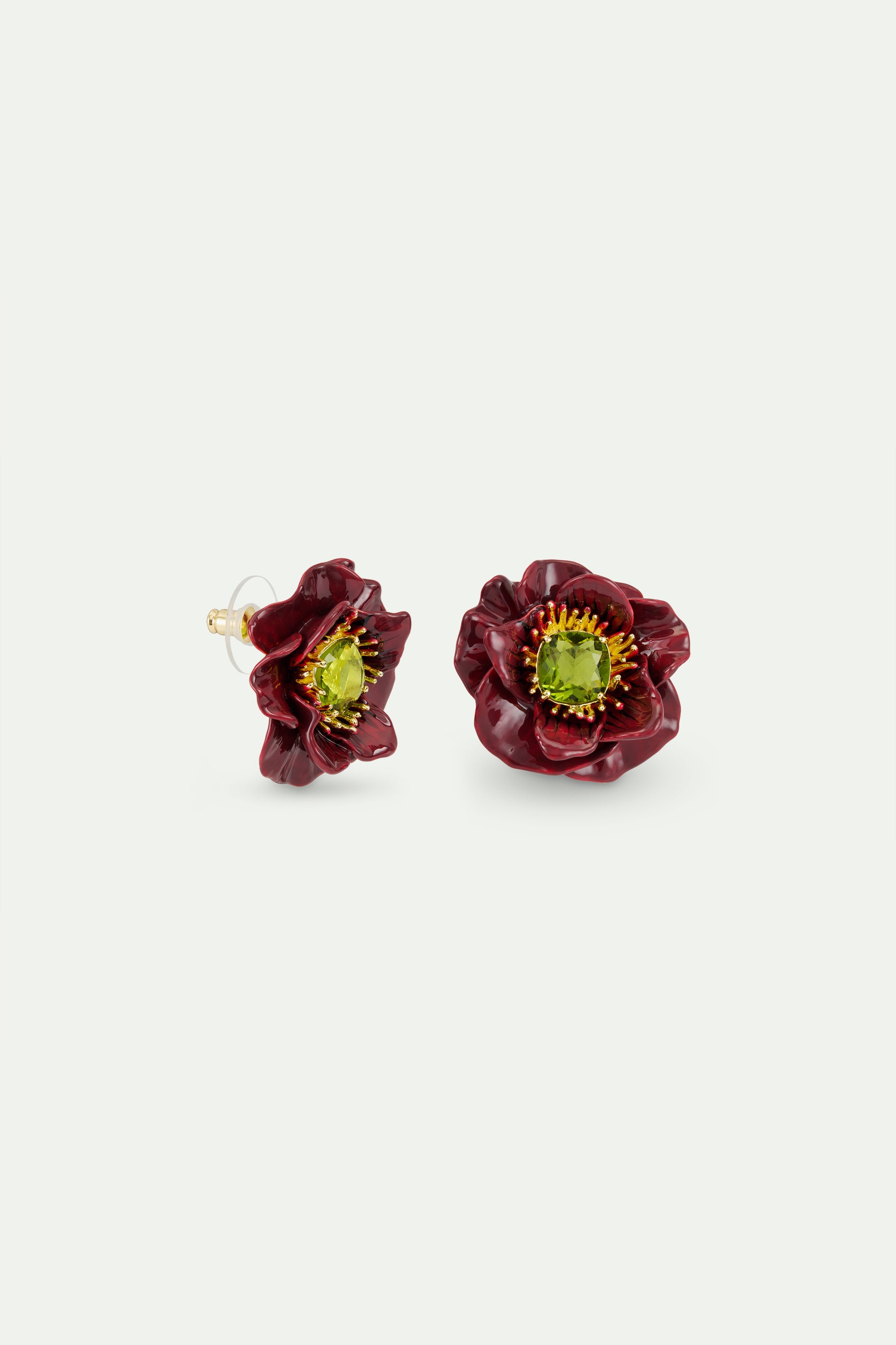 Boucles d'oreilles fleur d'anémone bordeaux et pierre facettée verte