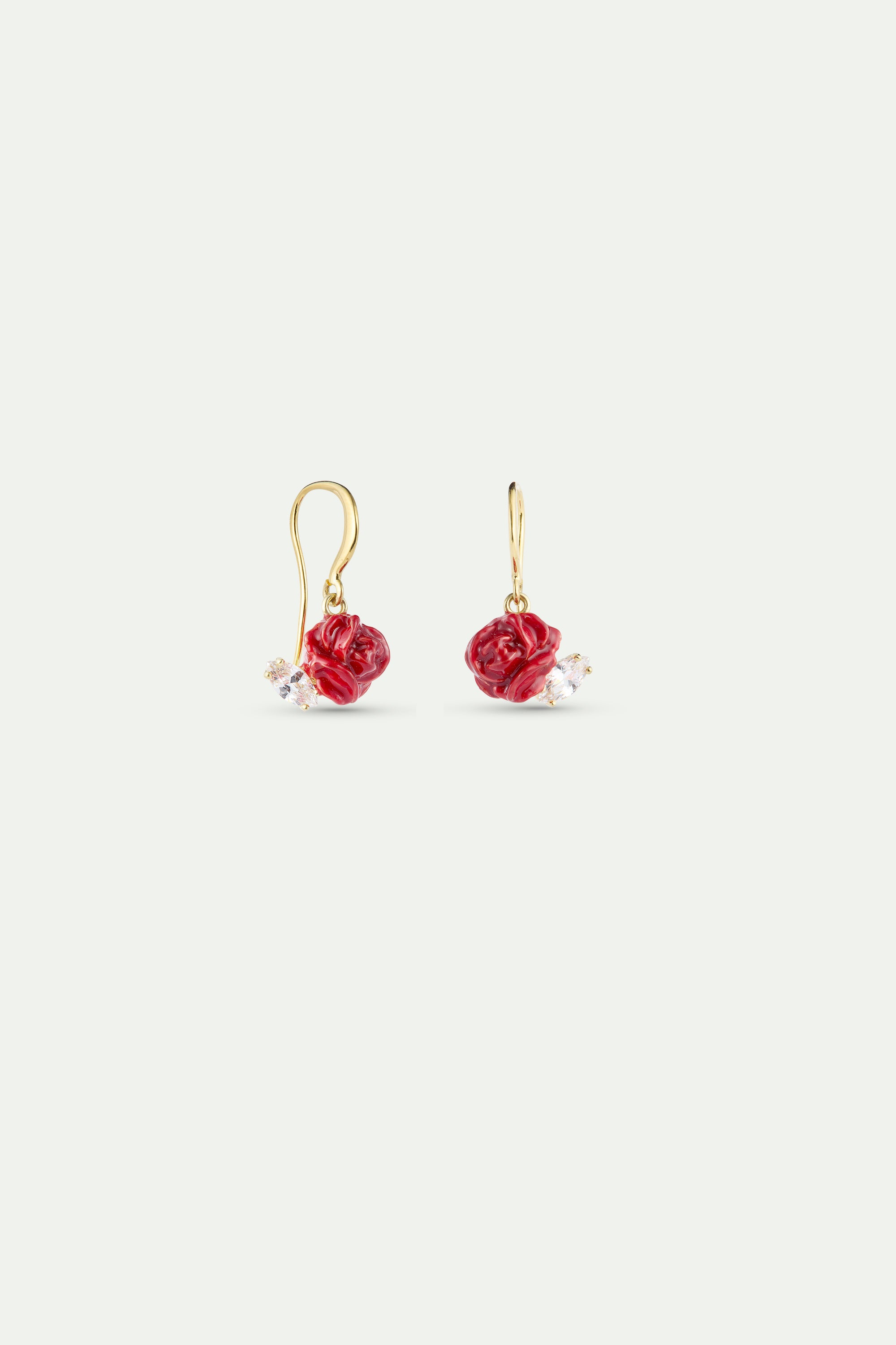 Boucles d’oreilles crochets bouton de rose rouge et cristal taillé