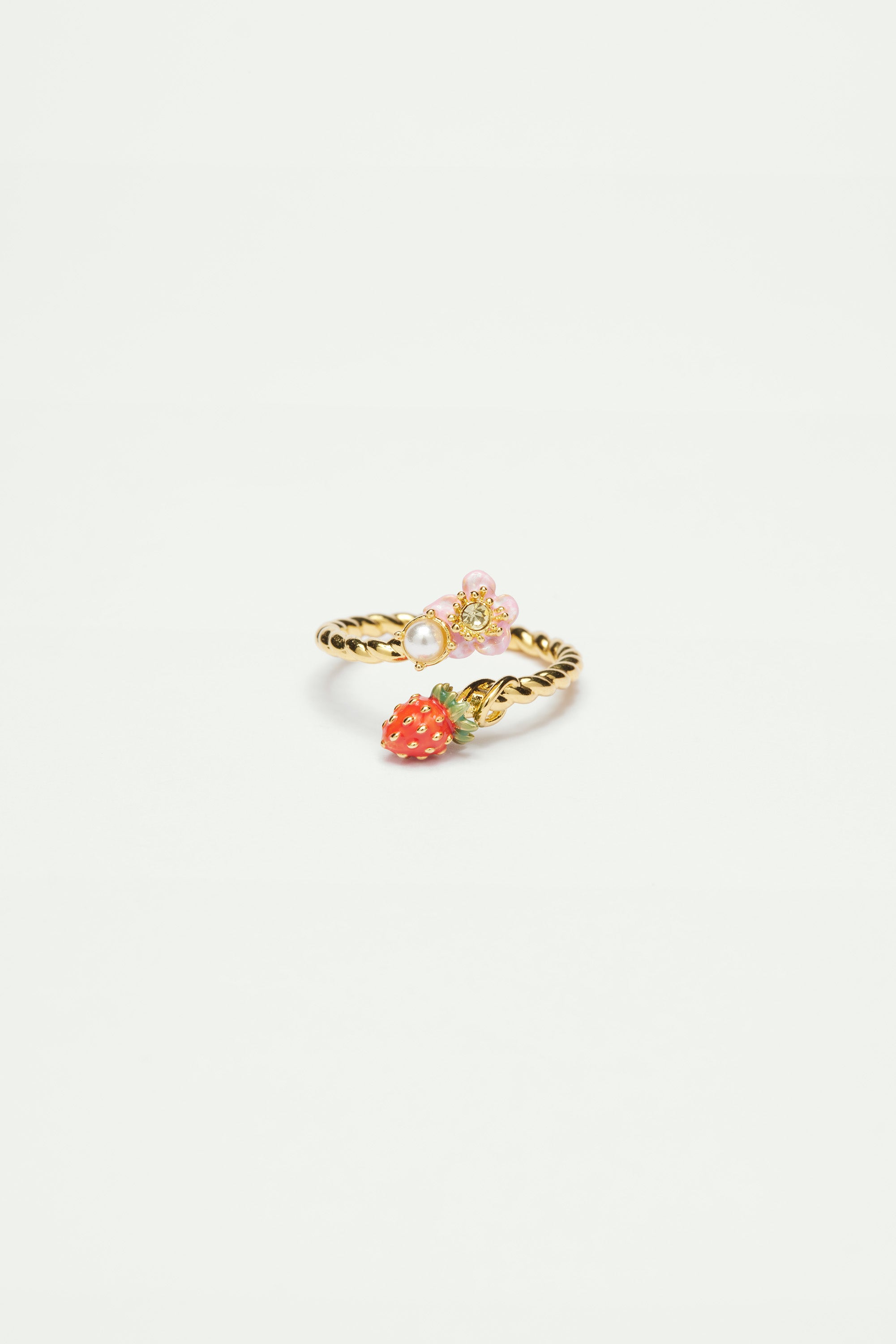 Bague ajustable fraise des bois et fleur rose