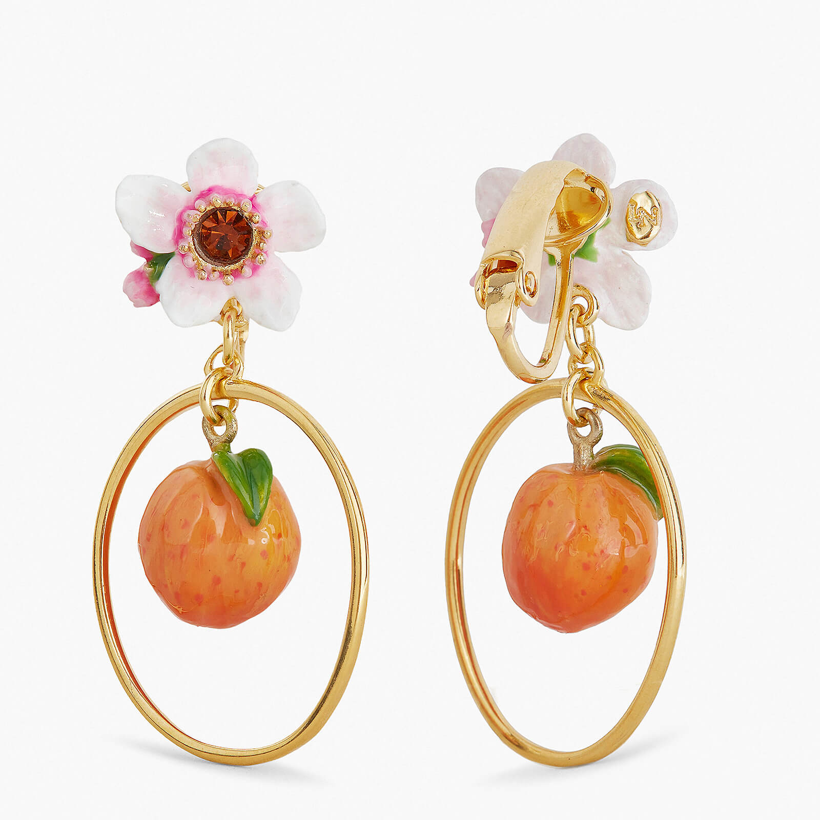 Flower and apricot clip-on hoop earrings