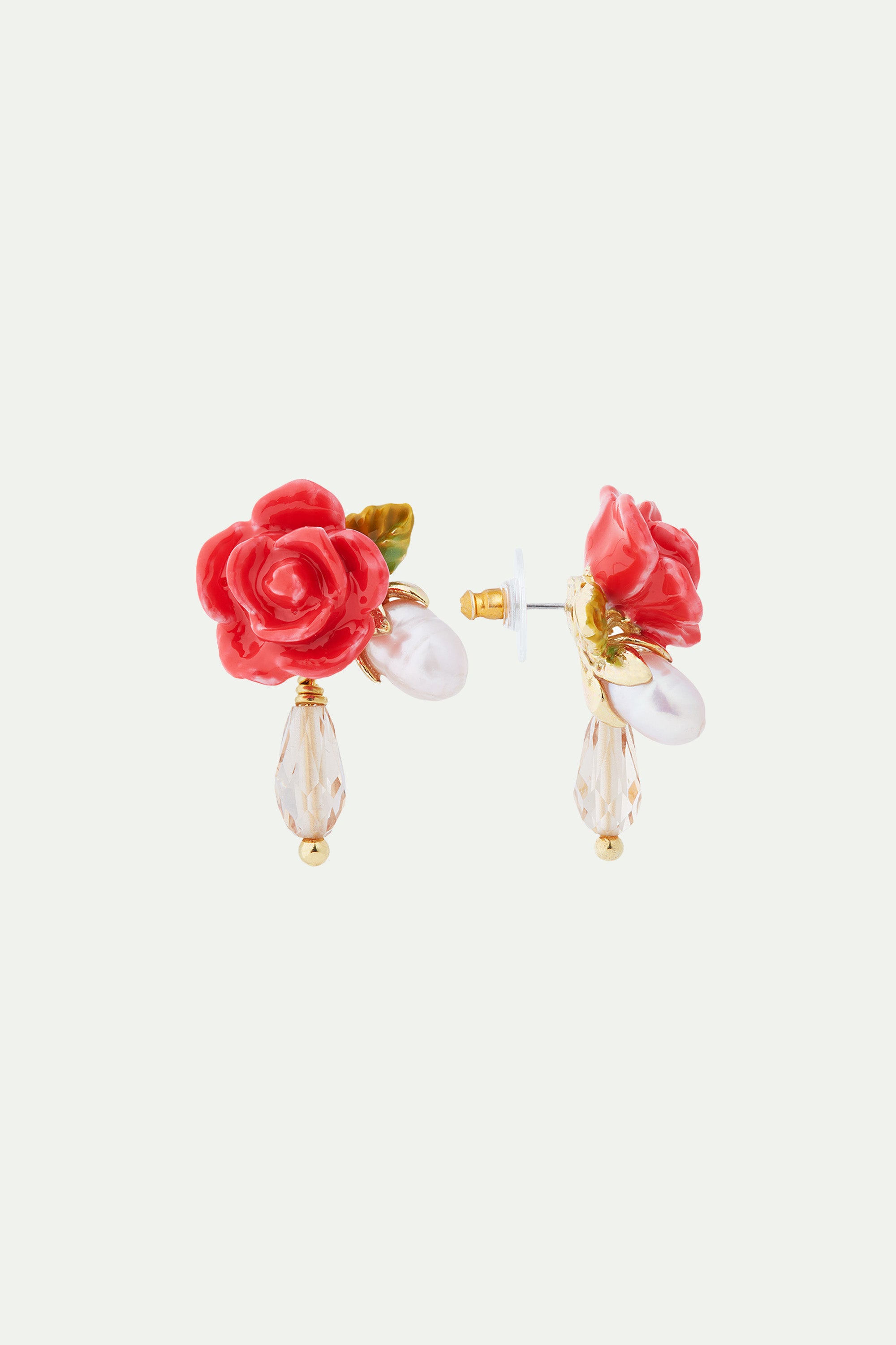 Boucles d'oreilles rose, perle de culture et goutte de verre