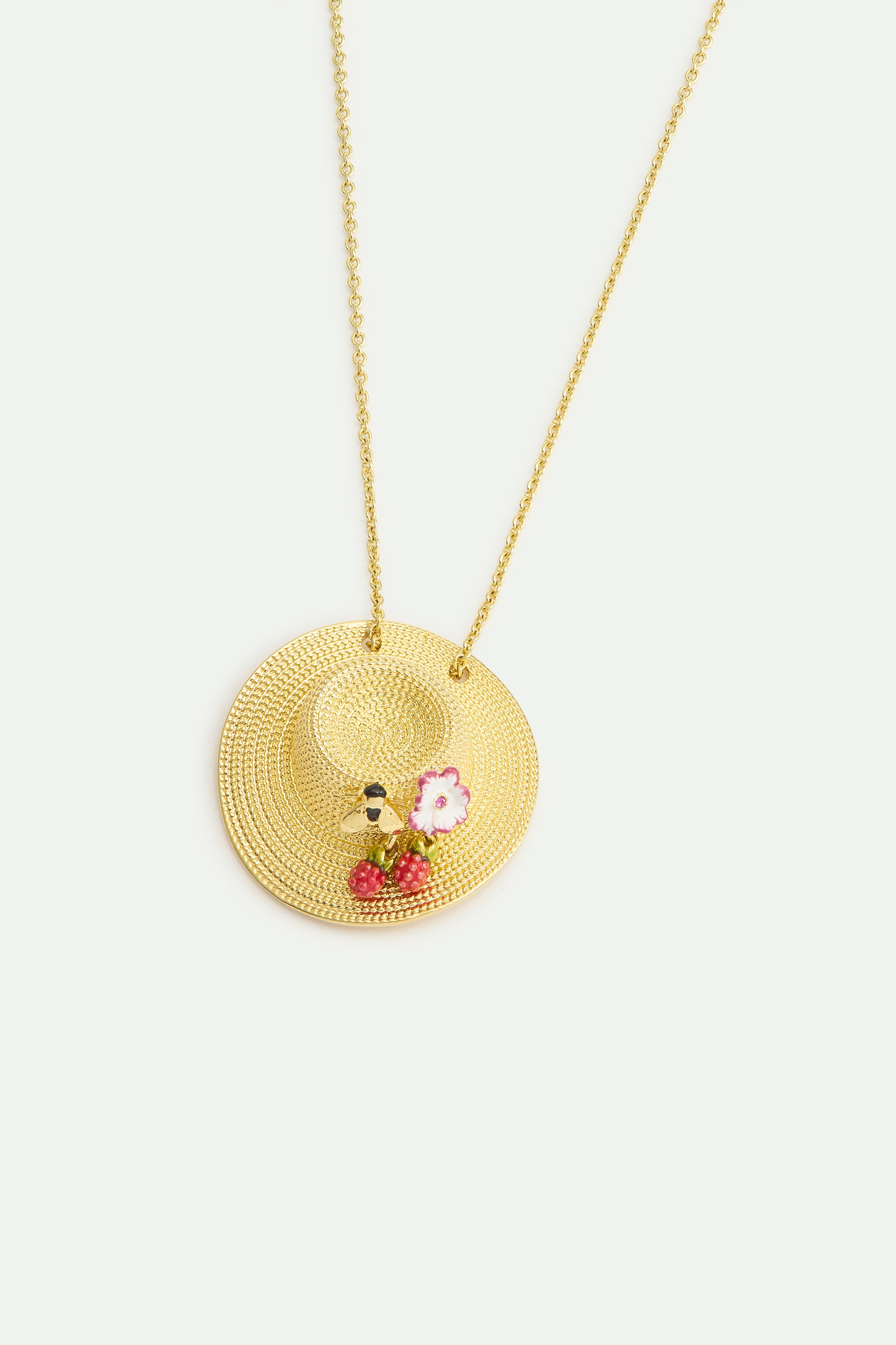 Collier pendentif chapeau doré, cosmos, abeille, framboise et cristal rose