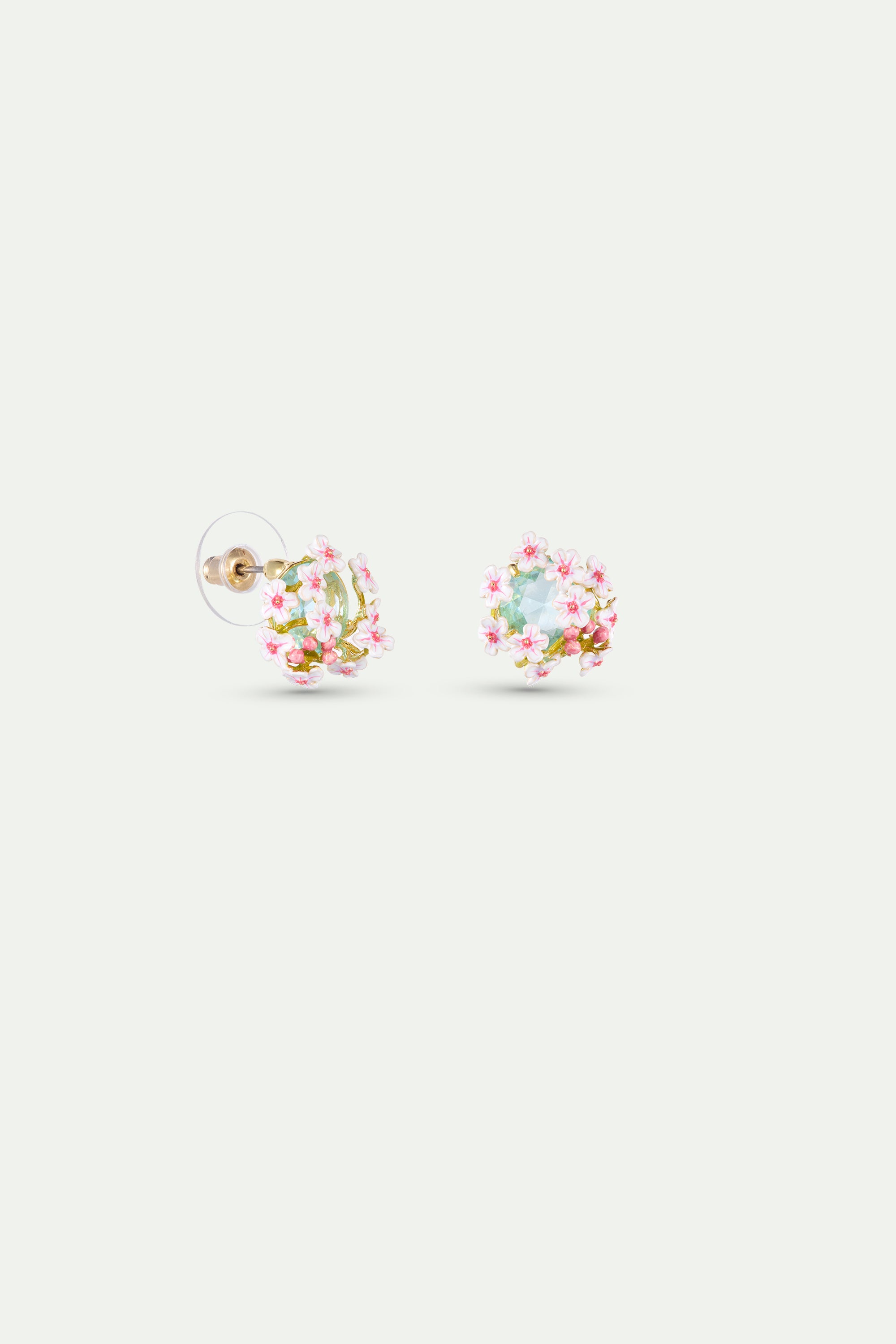 Boucles d'oreilles pierre ronde facettée bleue et aubépines blanches et roses