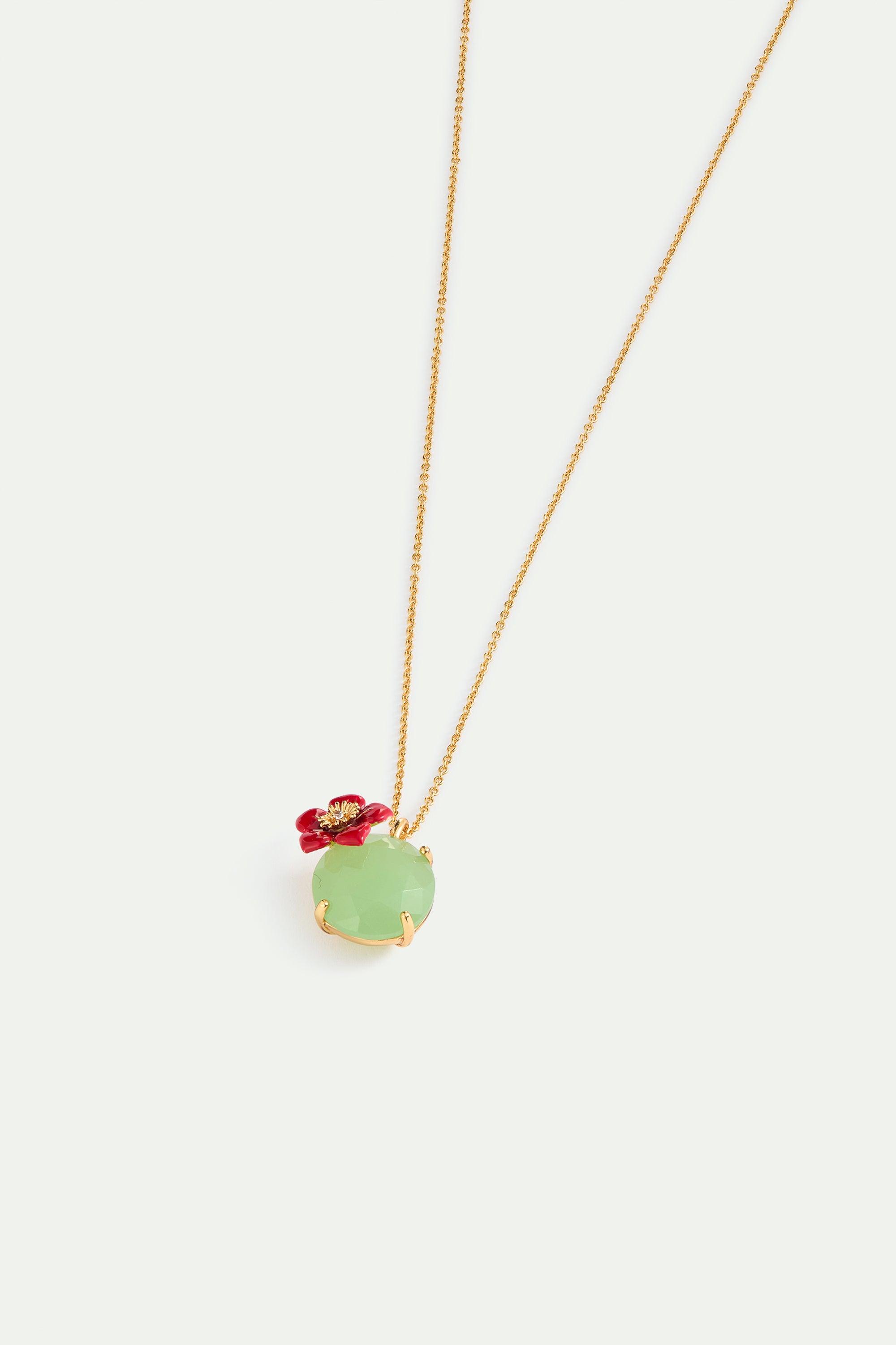 Collier pendentif pierre ronde verte et fleur de prunier