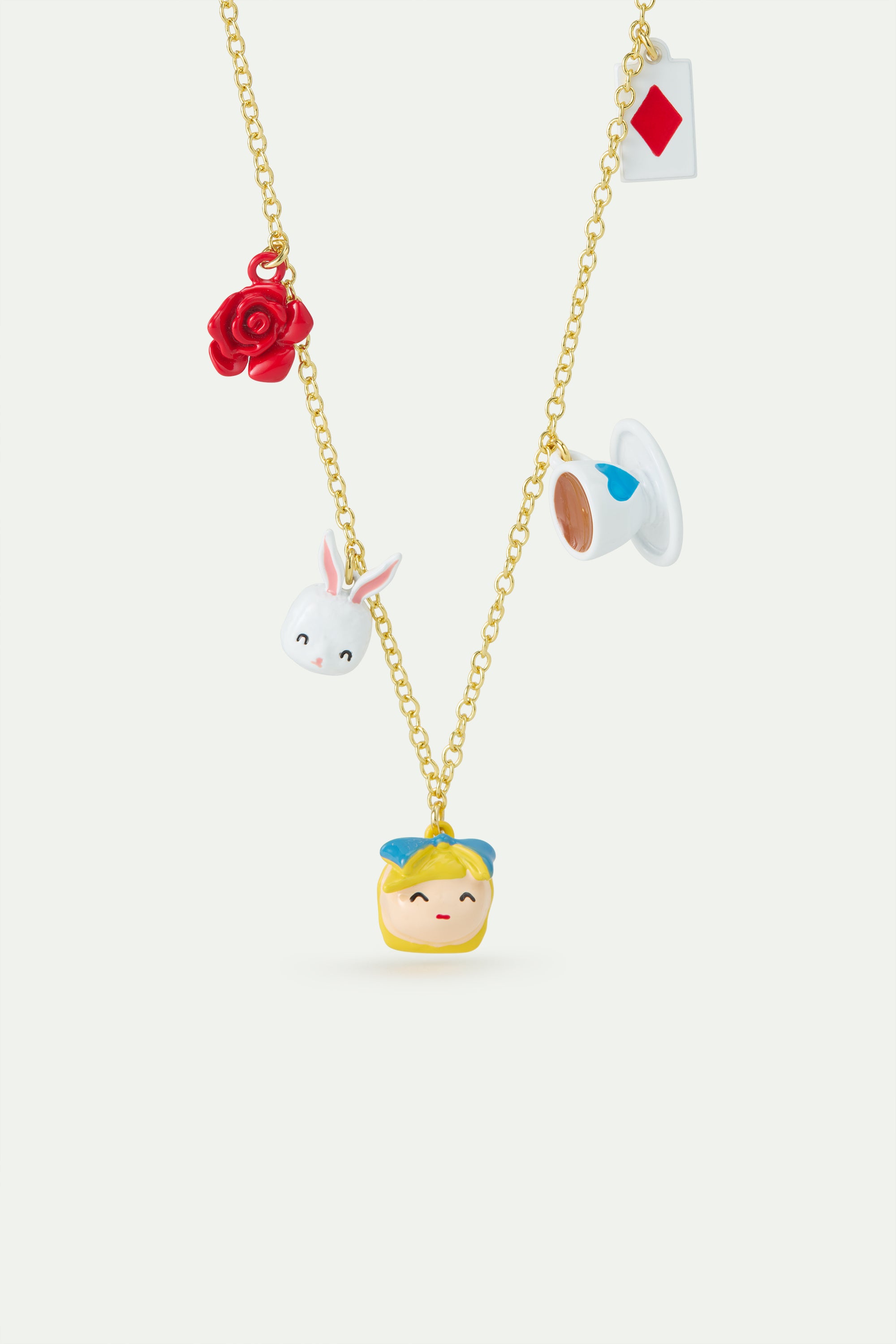 Alice in Wonderland, White Rabbit, red rose, tea cup and card pendant necklace