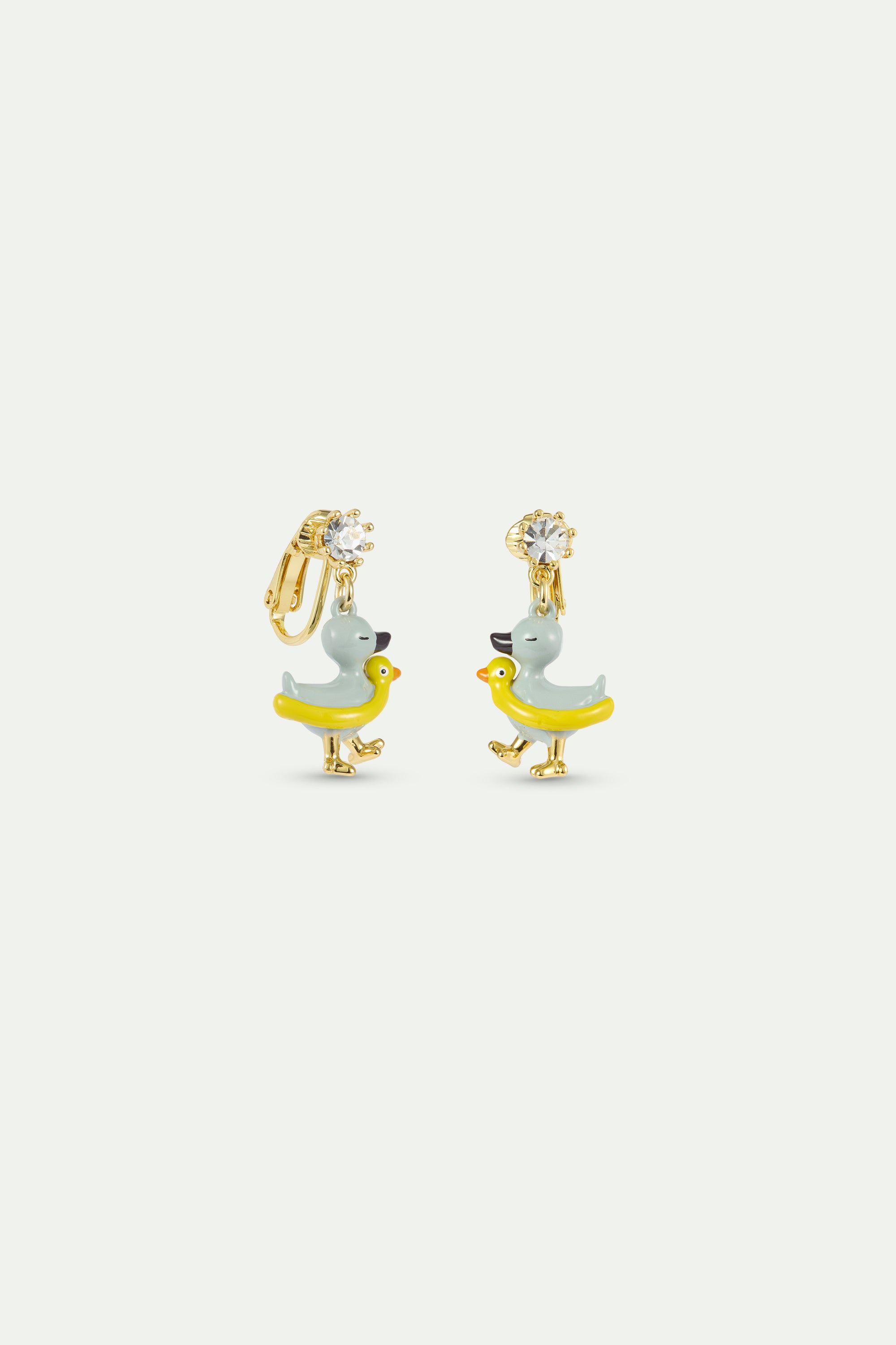 Boucles d'oreilles asymétriques Petit Canard jaune et bleu, cristal facetté