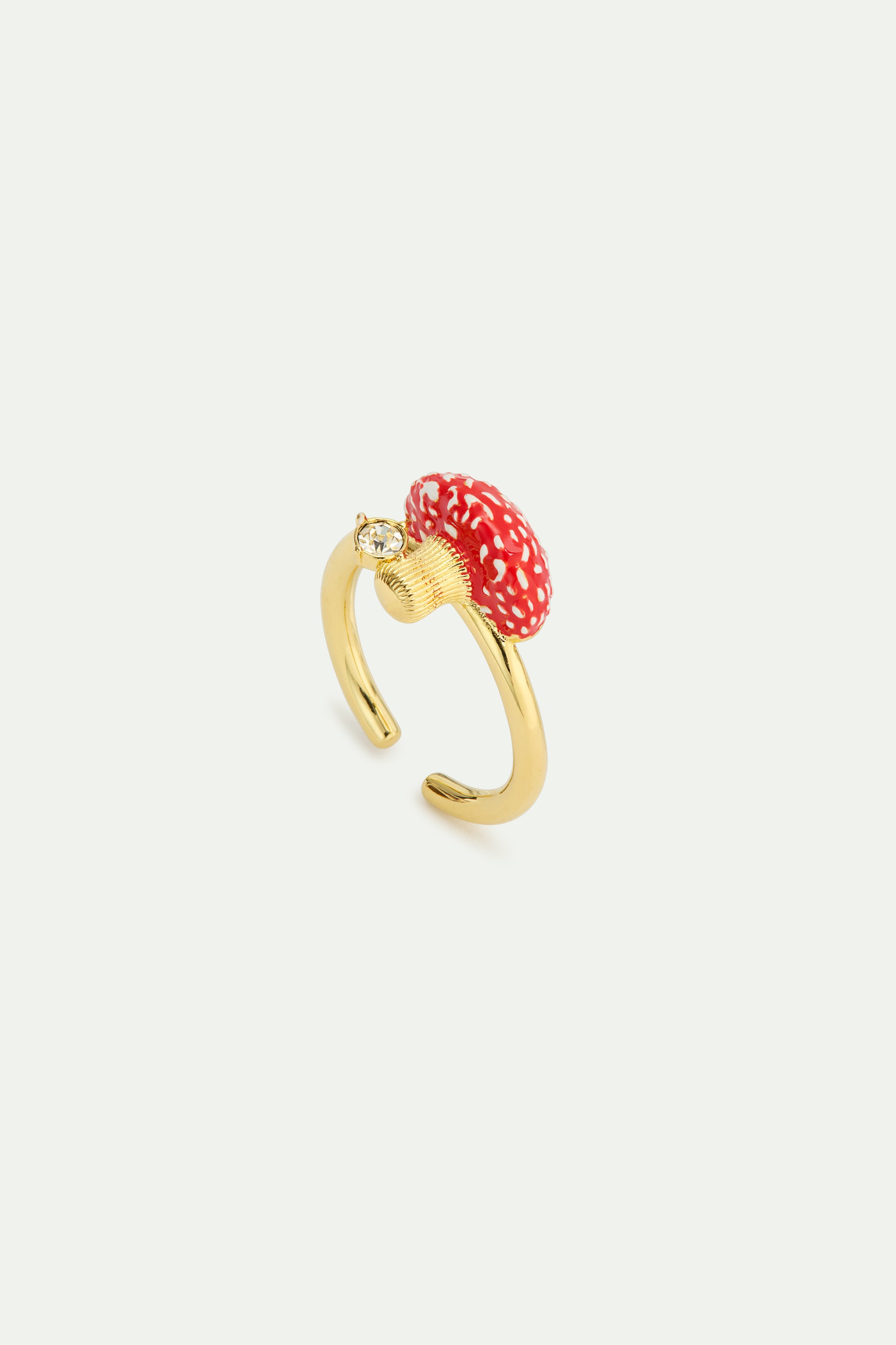Bague ajustable champignon rouge et doré et cristal facetté