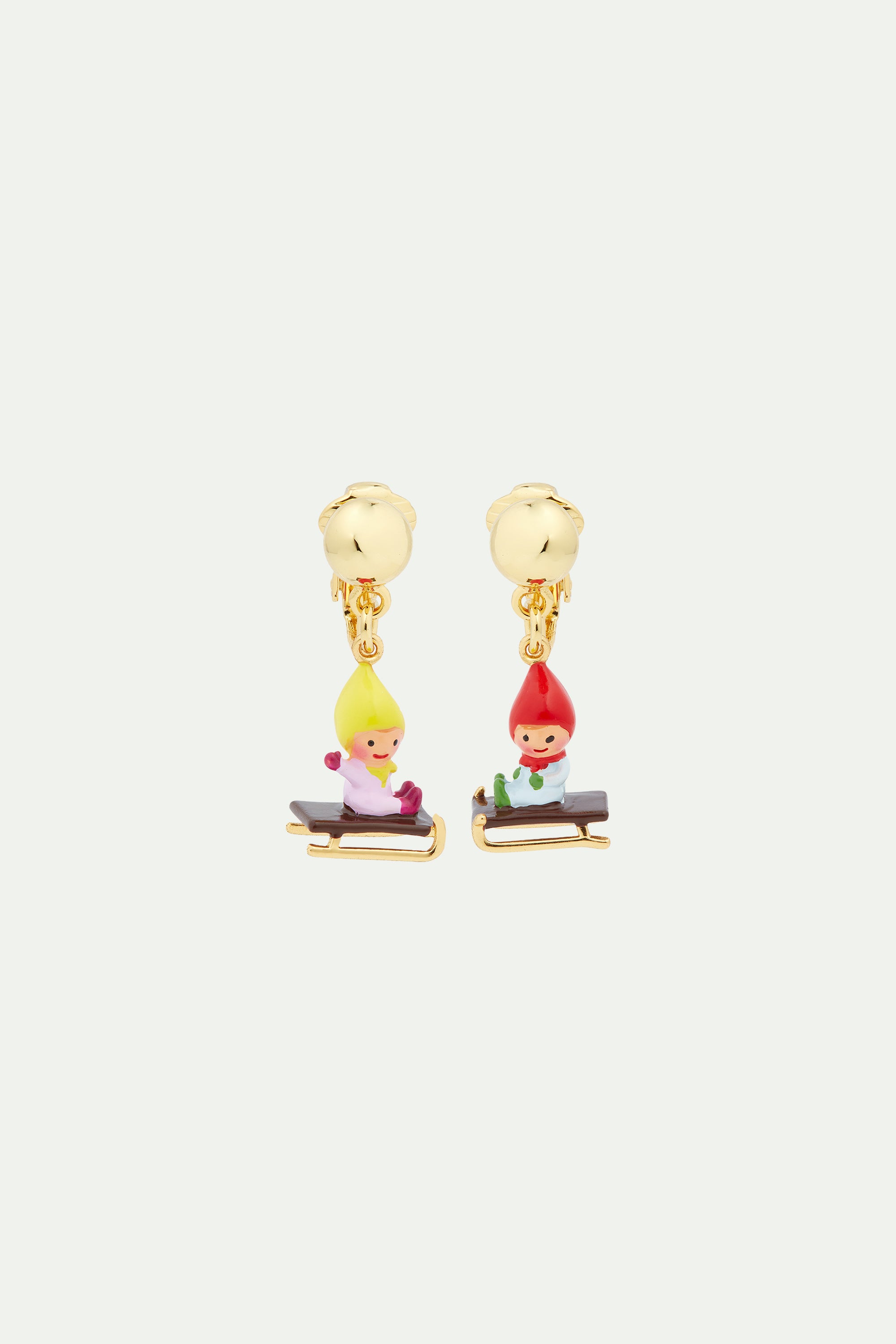 Sledging young garden gnome clip-on earrings