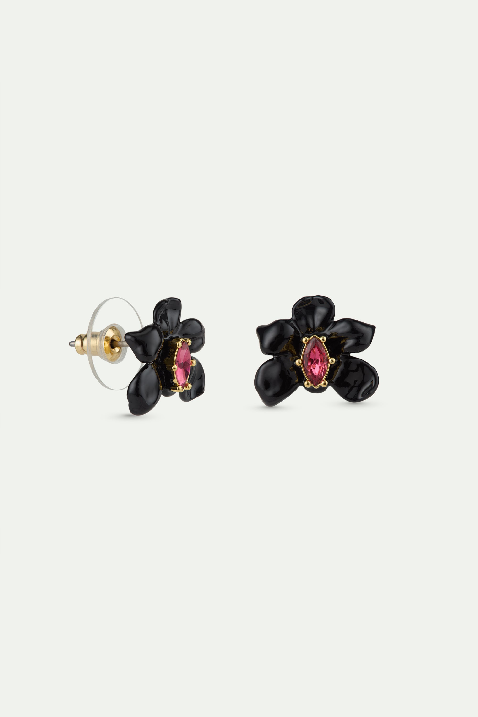 Pendientes bolitas orquídea negra y cristal facetado rosa