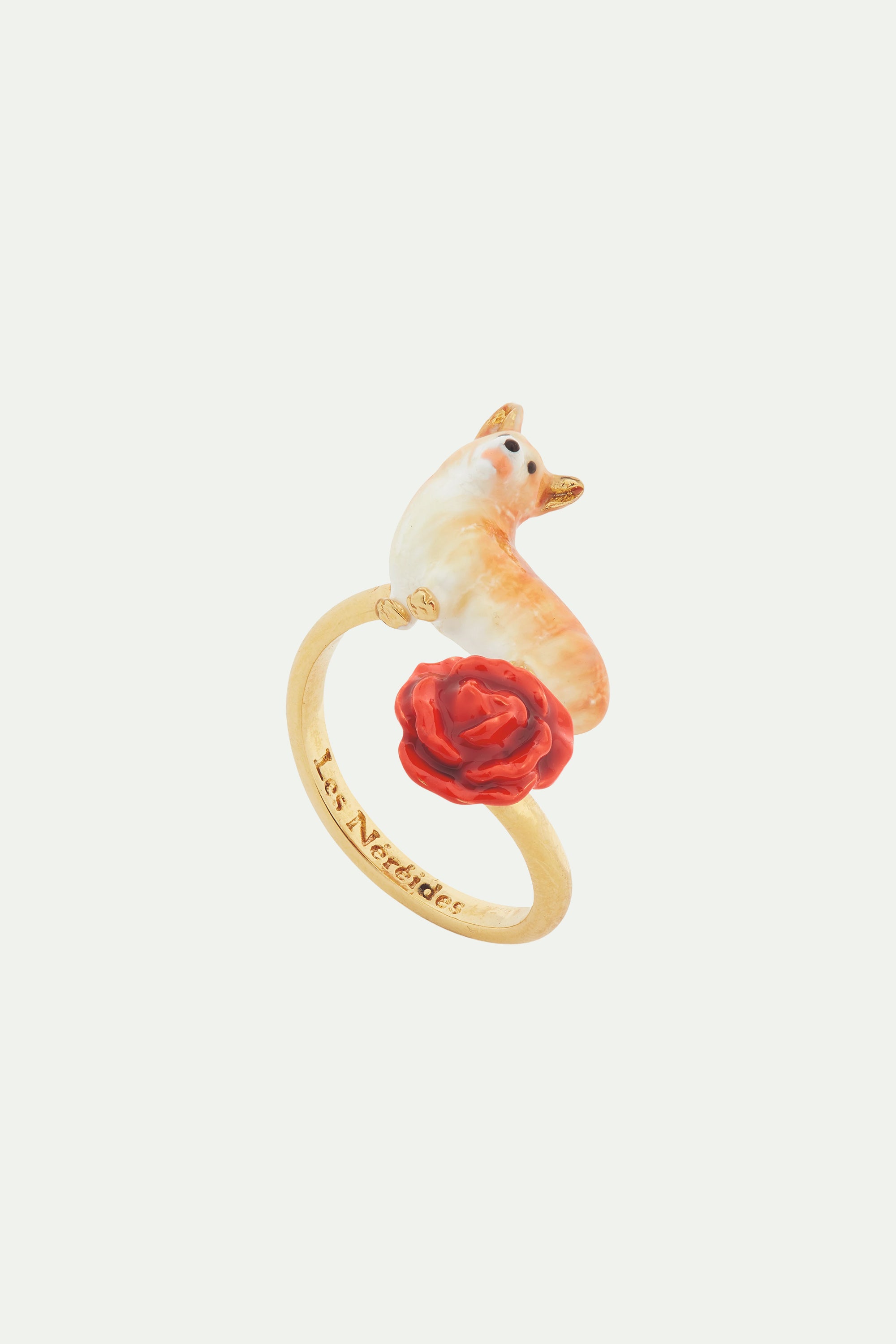 Bague ajustable corgi et rose rouge