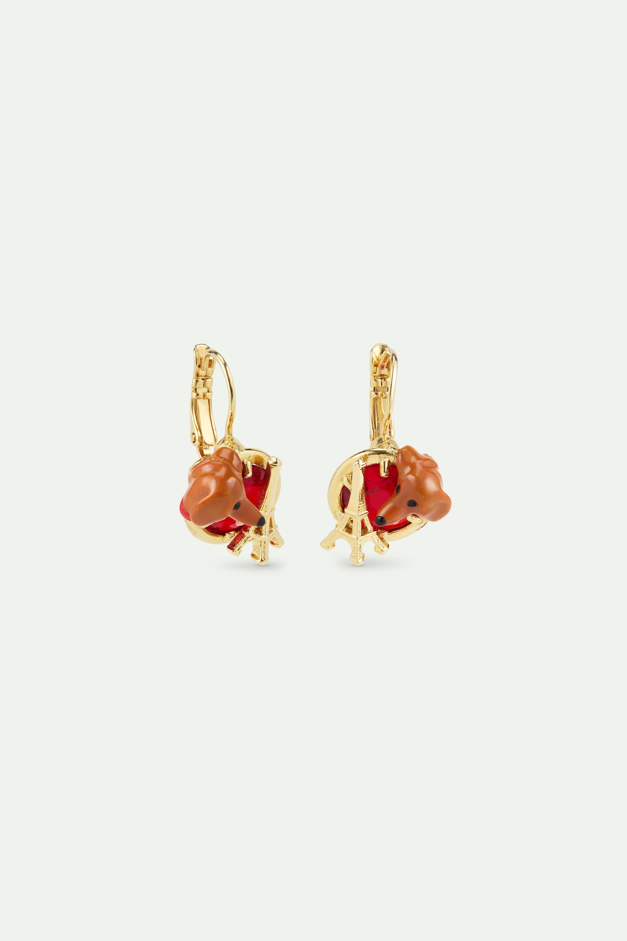 Boucles d'oreilles dormeuses teckel, tour Eiffel, pierre ronde rouge