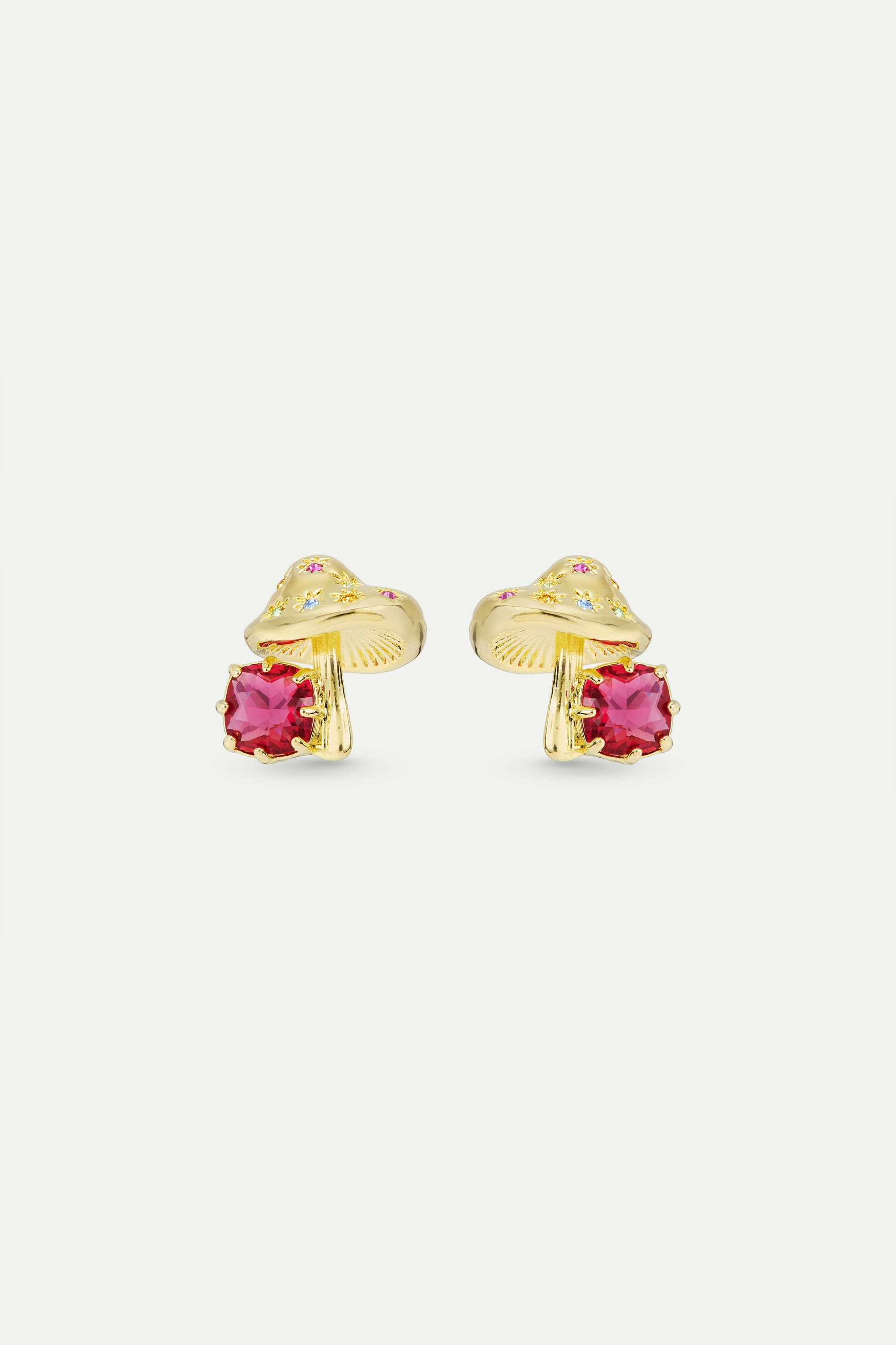 Gold mushroom and pink faceted stone earrings