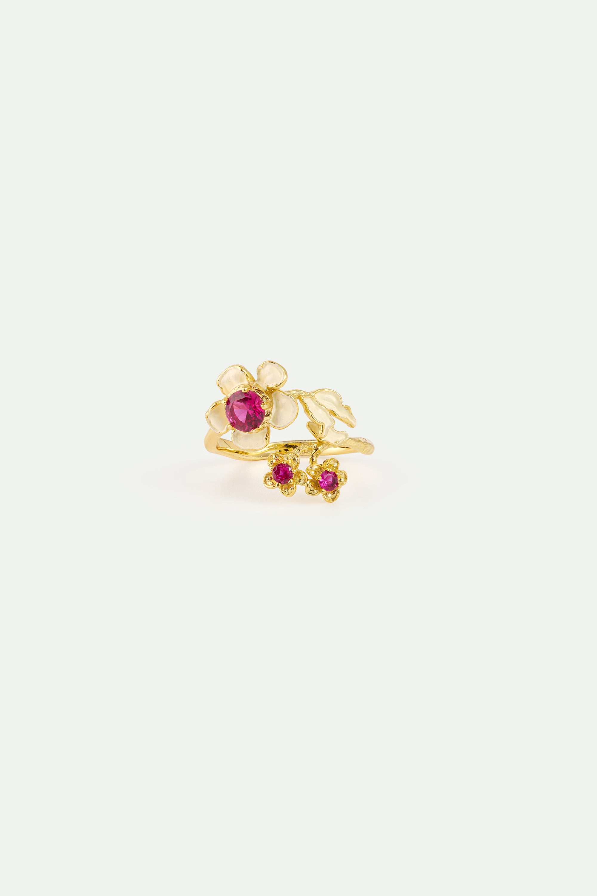 Bague ajustable anémone dorée et cristaux roses